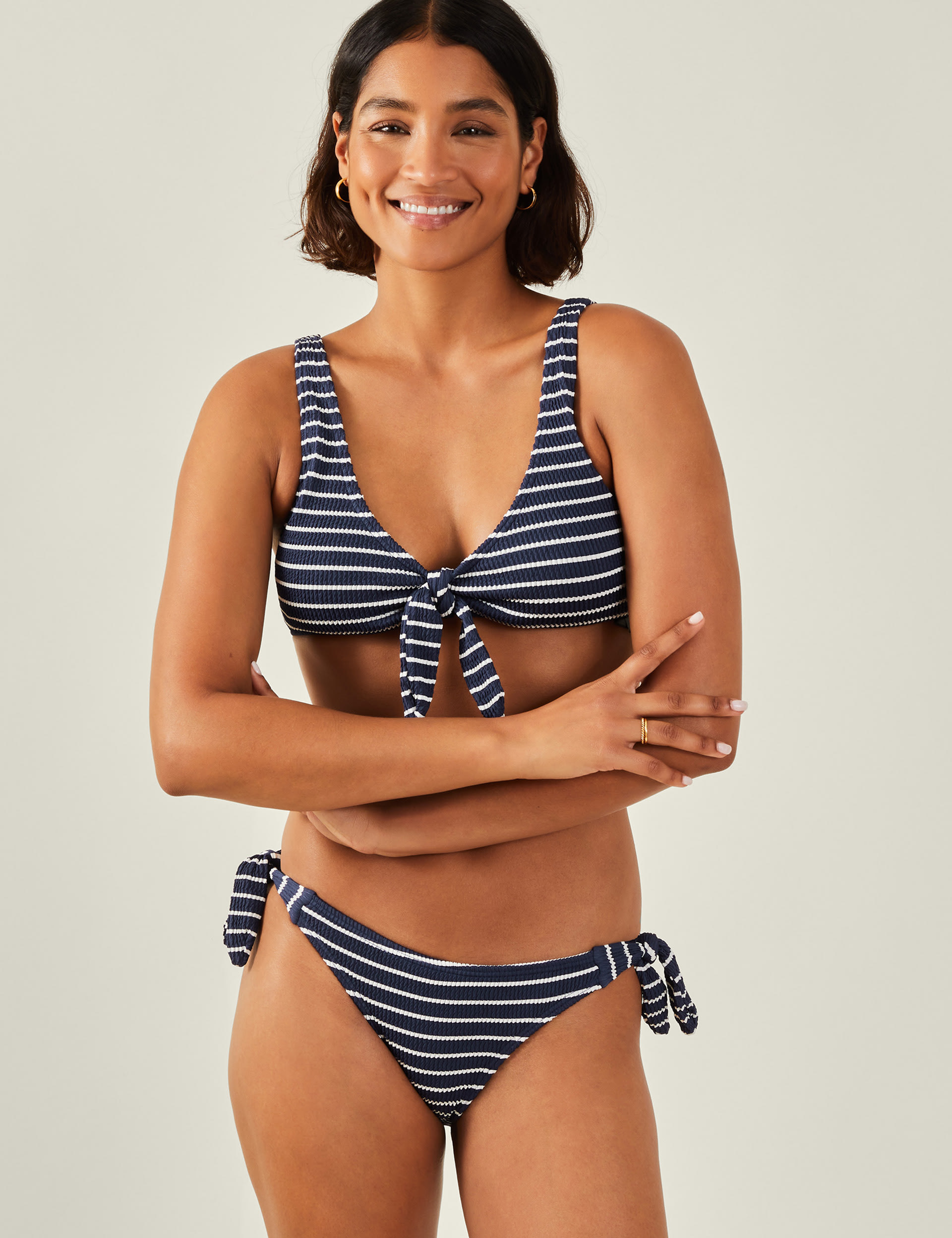 Accessorize Women's Striped Tie Side High Leg Bikini Bottoms - 8 - Navy Mix, Navy Mix