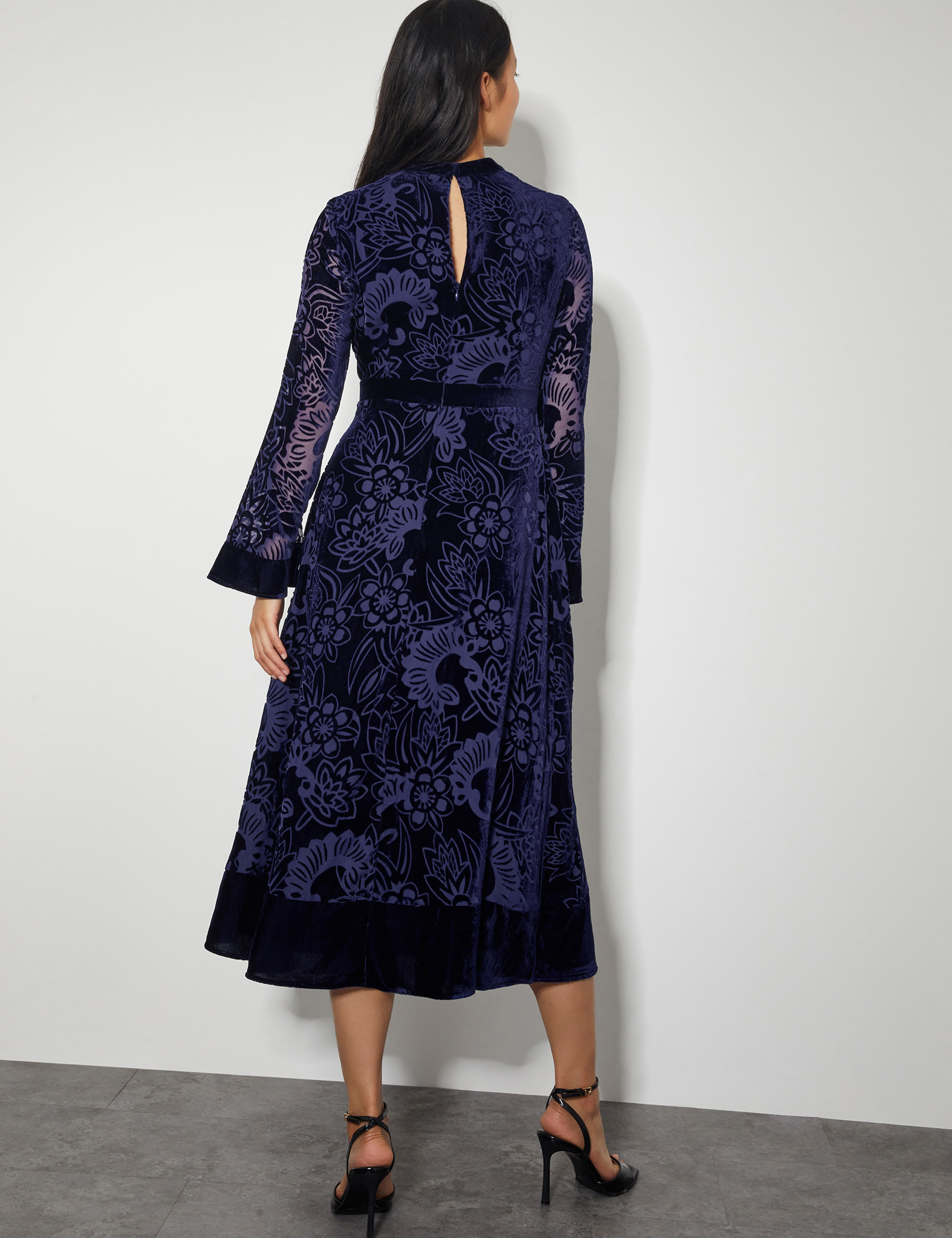 Monsoon Women's Velvet Printed Midi Waisted Dress - 8 - Navy, Navy