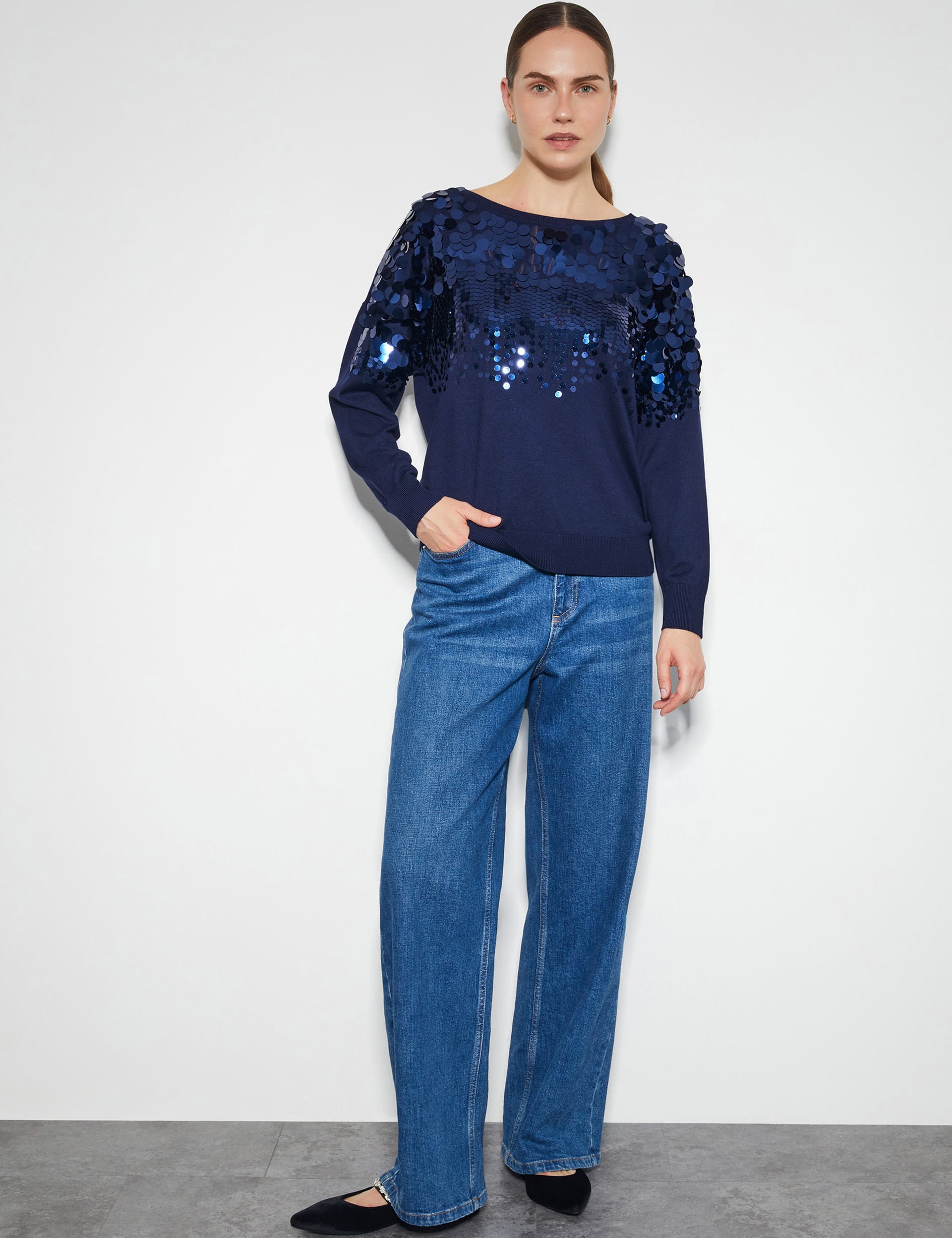 Monsoon Women's Sequin Crew Neck Jumper - Navy Mix, Navy Mix