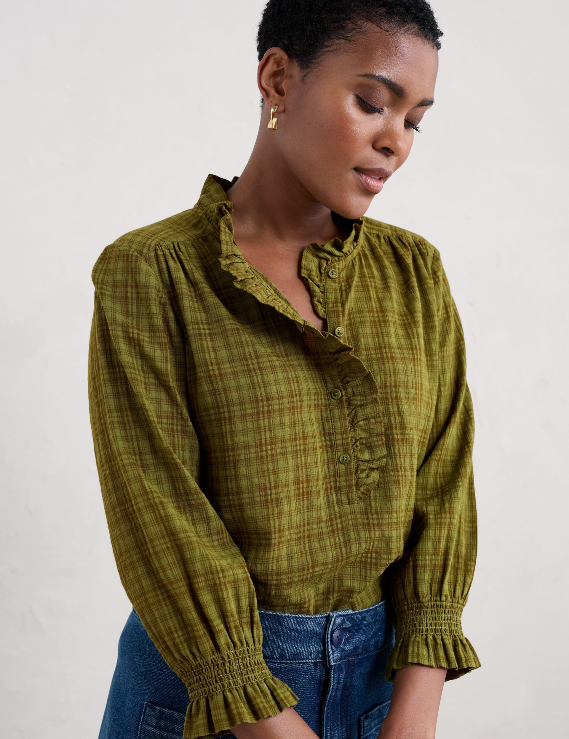 Seasalt Cornwall Women's Cotton Rich Checked Frill Detail Blouse - 26-28 - Green Mix, Green Mix