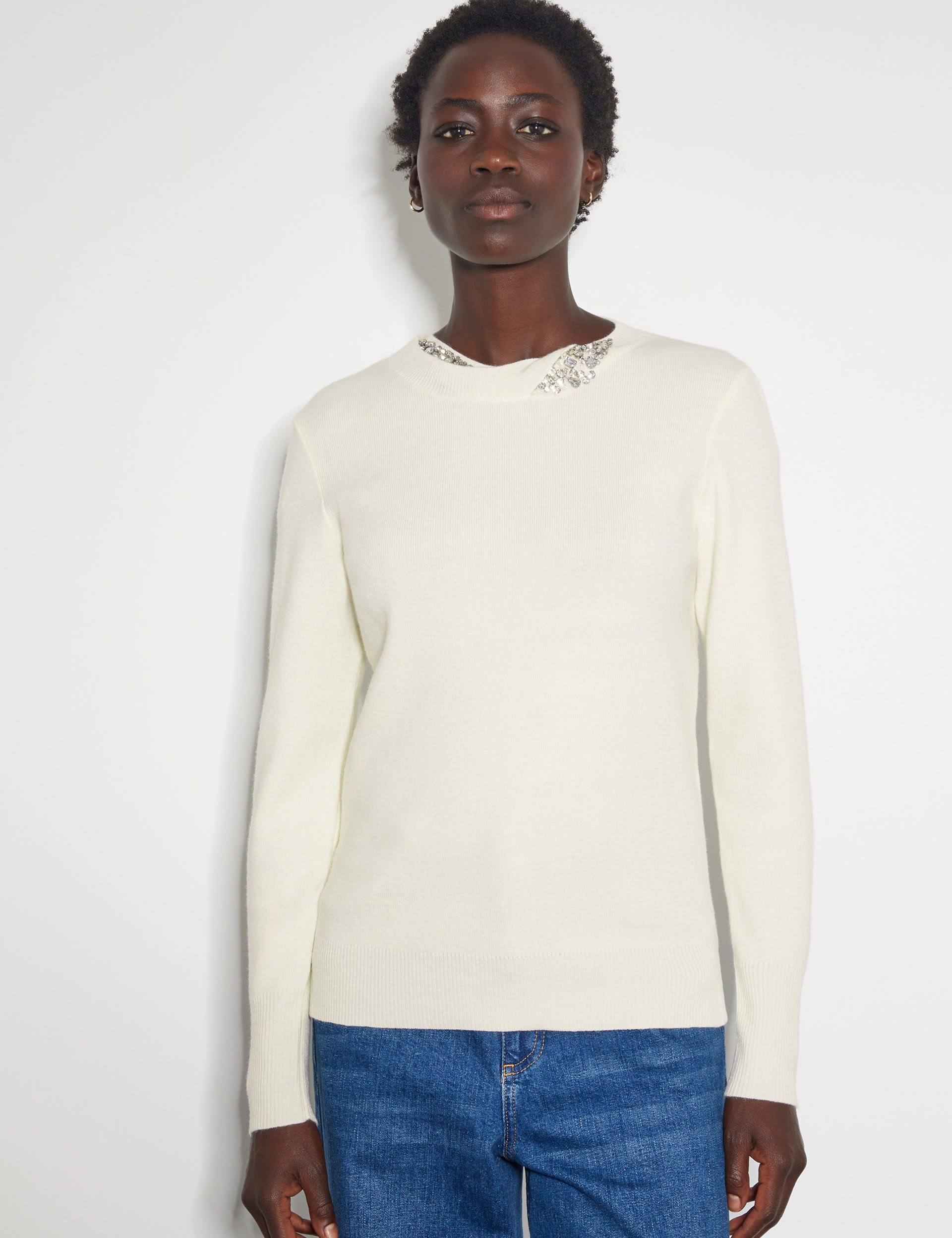 Monsoon Women's Embellished Crew Neck Jumper with Wool - Ivory Mix, Ivory Mix