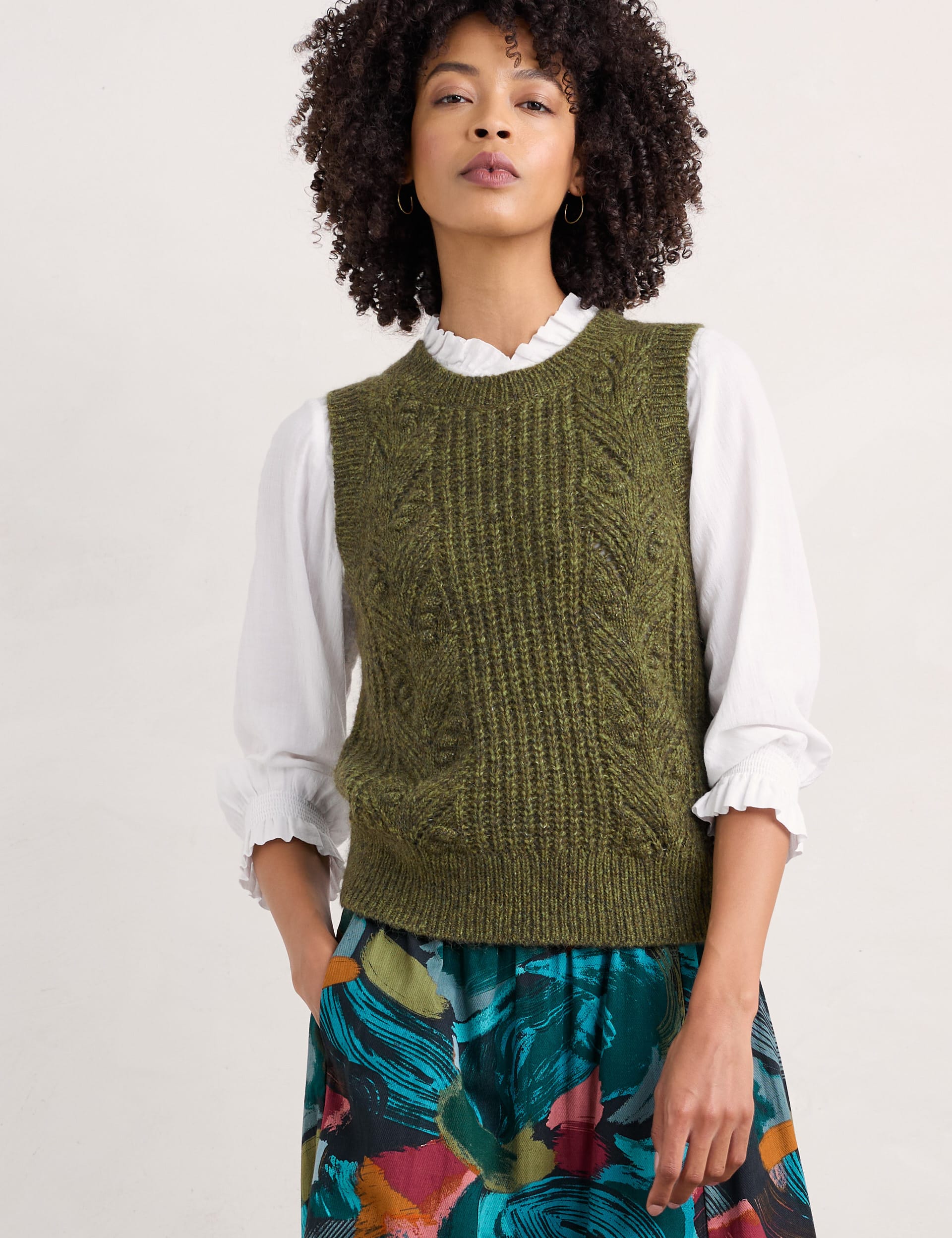 Seasalt Cornwall Women's Textured Knitted Vest with Wool - 8 - Green, Green,Natural