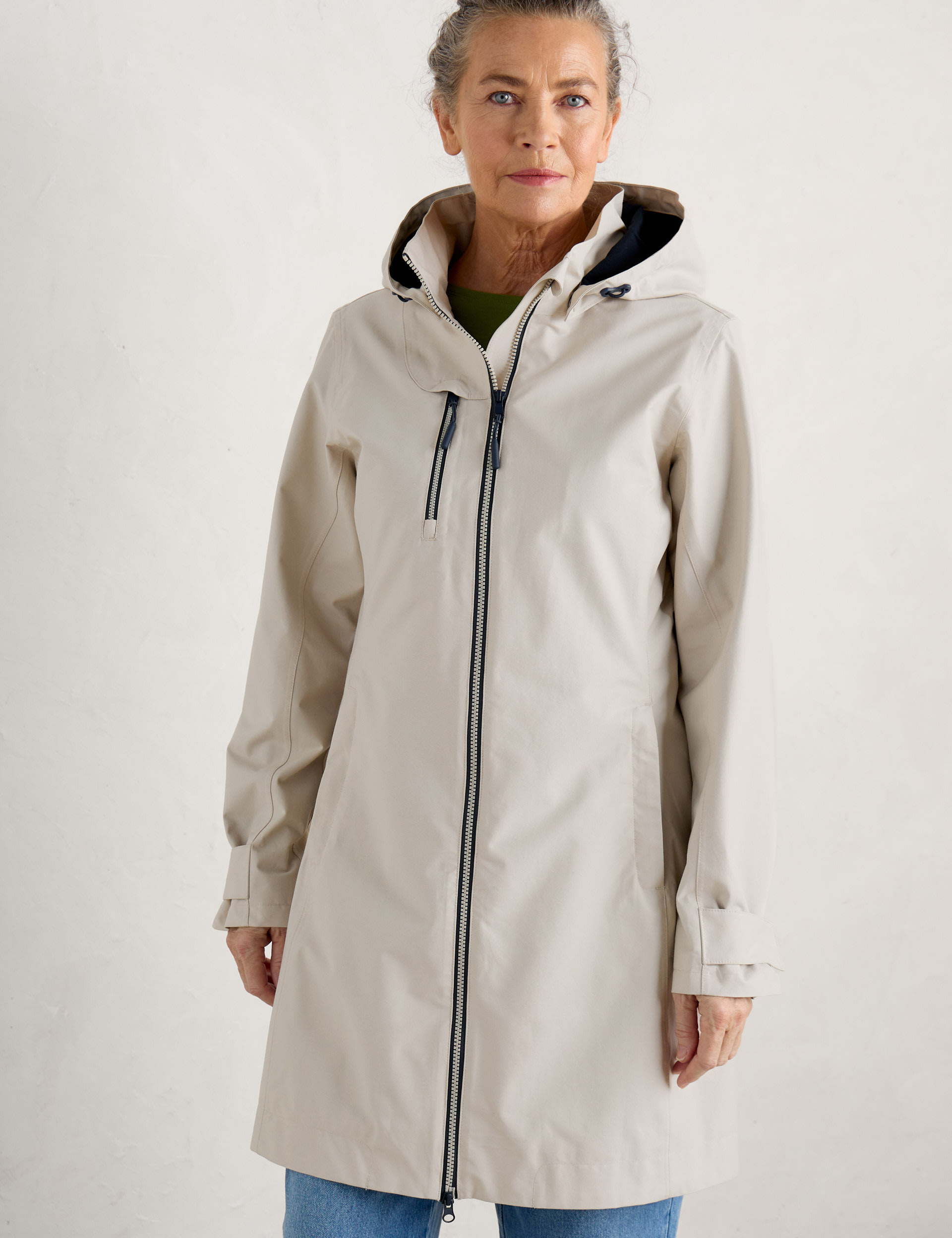 Seasalt Cornwall Women's Waterproof Cotton Rich Longline Raincoat - 18REG - Natural, Green,Natural