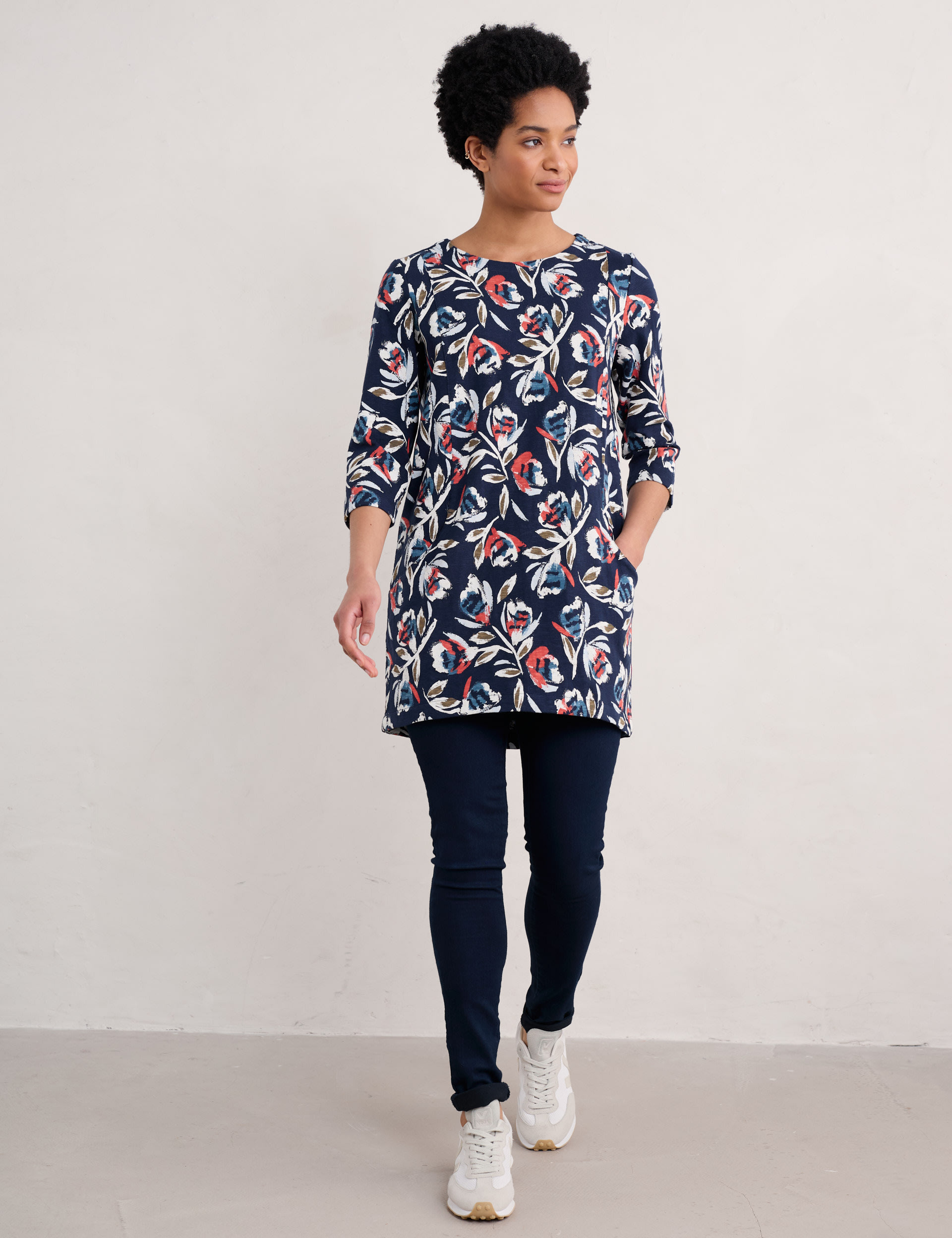 Seasalt Cornwall Women's Pure Cotton Floral Round Neck Relaxed Tunic - 12 - Navy Mix, Navy Mix