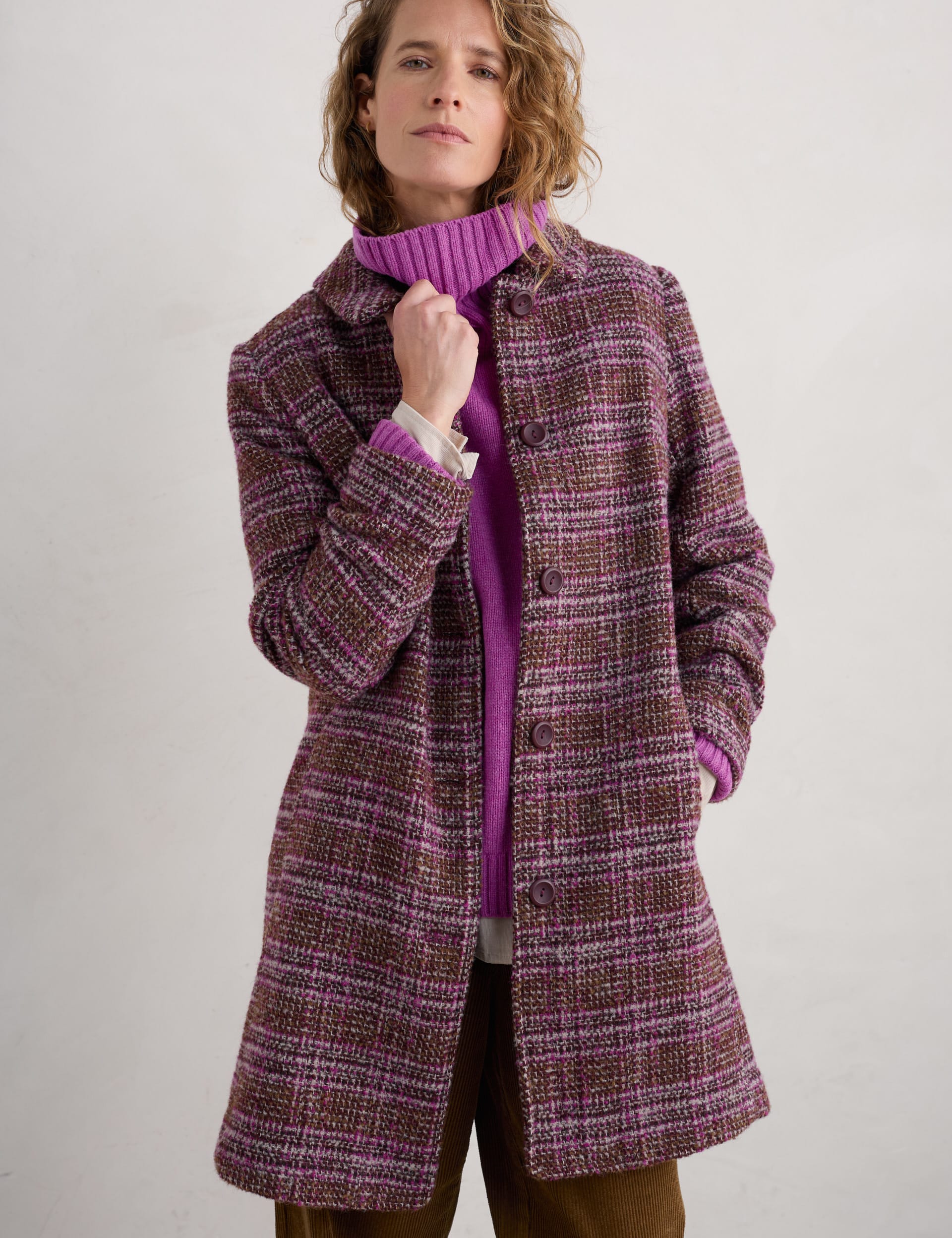 Seasalt Cornwall Women's Wool Blend Checked Single Breasted Coat - 14REG - Brown Mix, Brown Mix