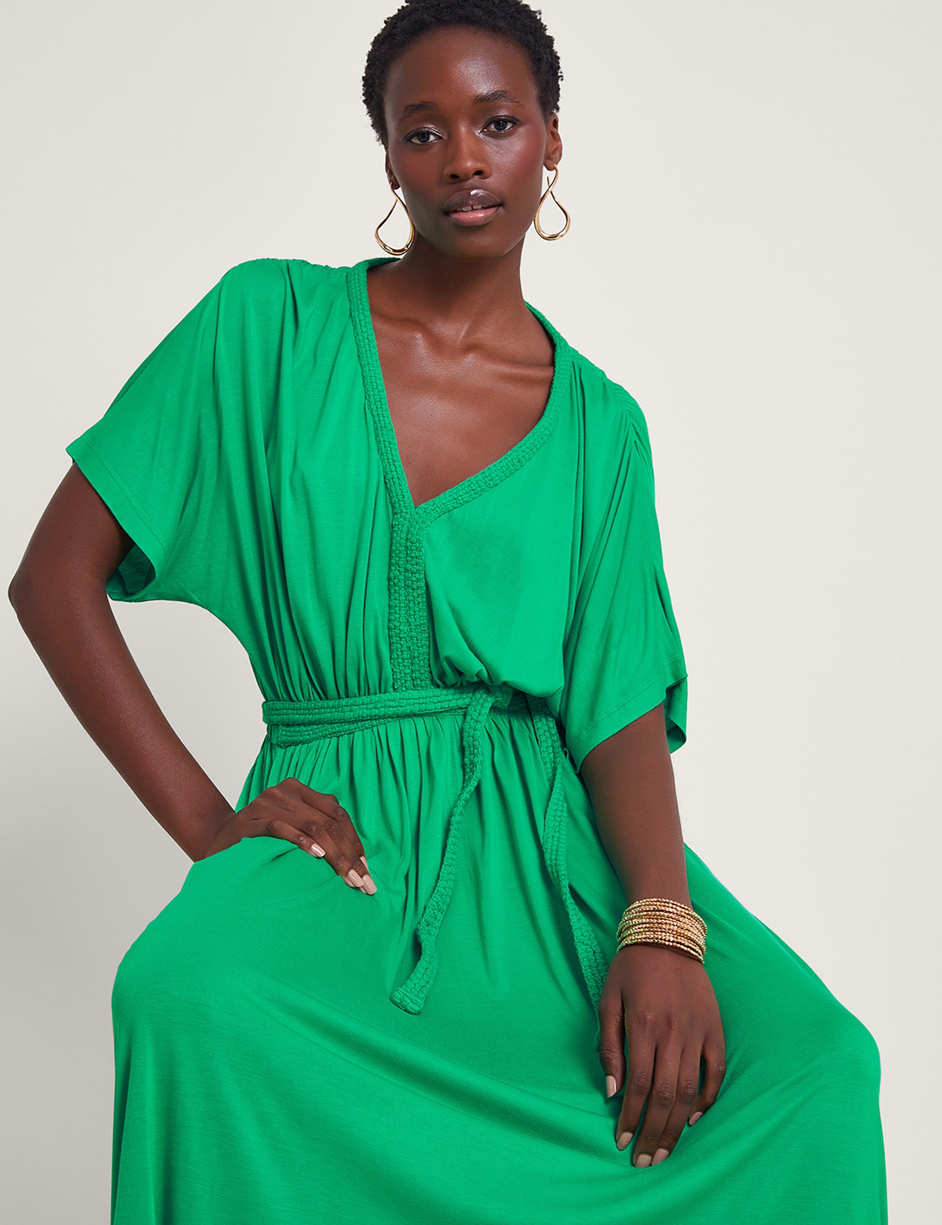 Monsoon Women's Jersey V-Neck Belted Maxi Waisted Dress - Green, Green