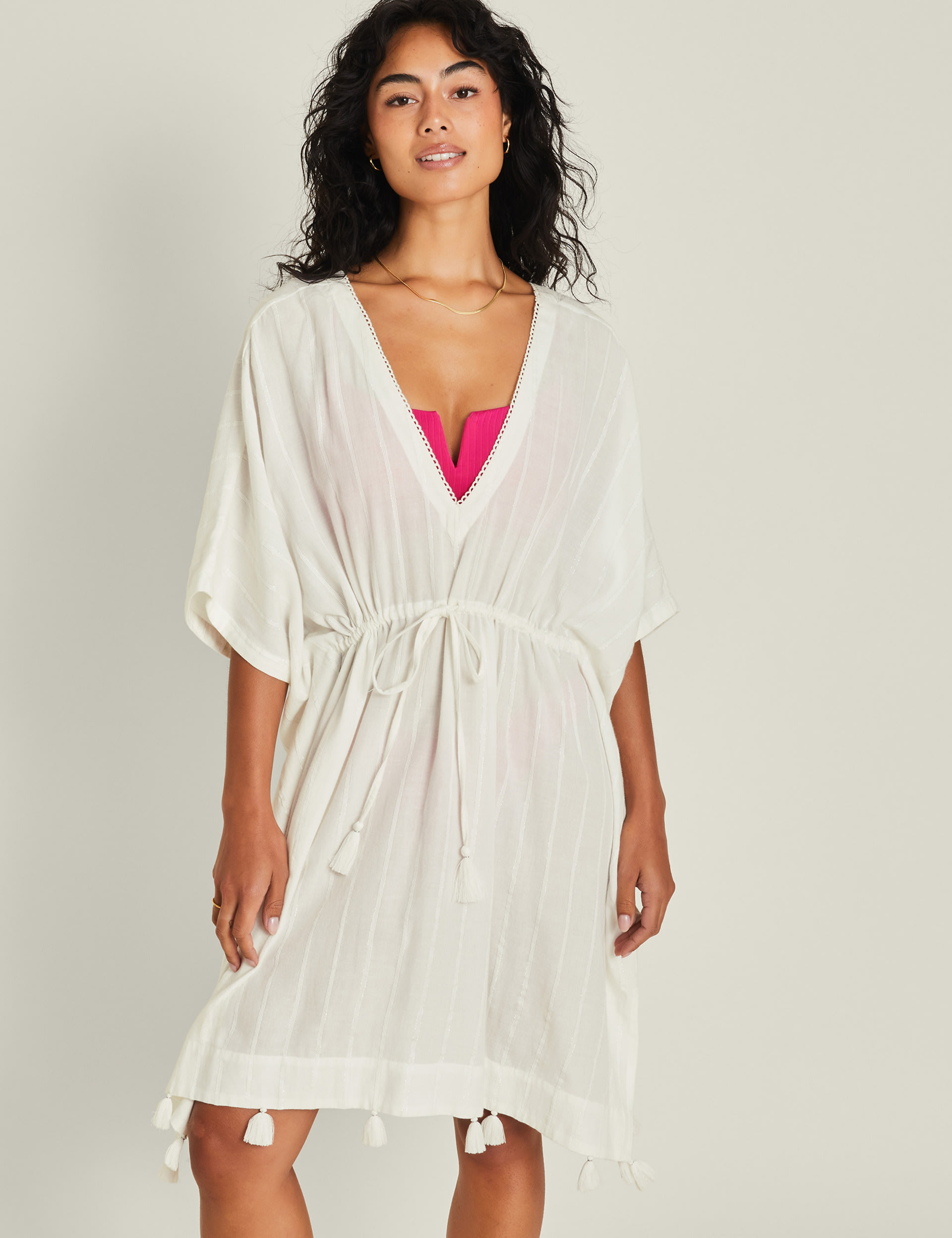 Accessorize Women's Striped Tie Waist Beach Cover Up Kaftan - M - White, White