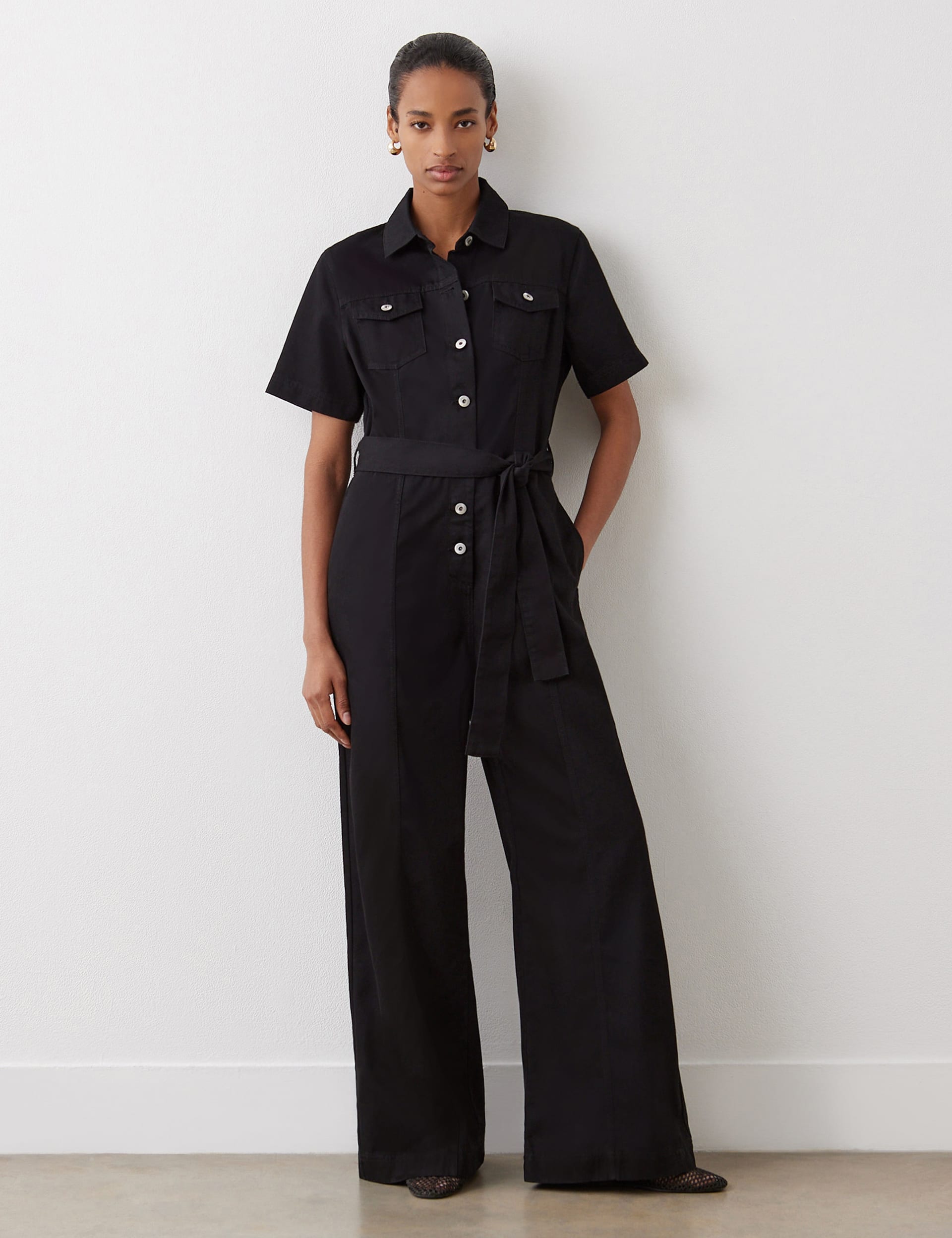 Finery London Women's Denim Belted Short Sleeve Jumpsuit - 14 - Black, Black,Blue Denim