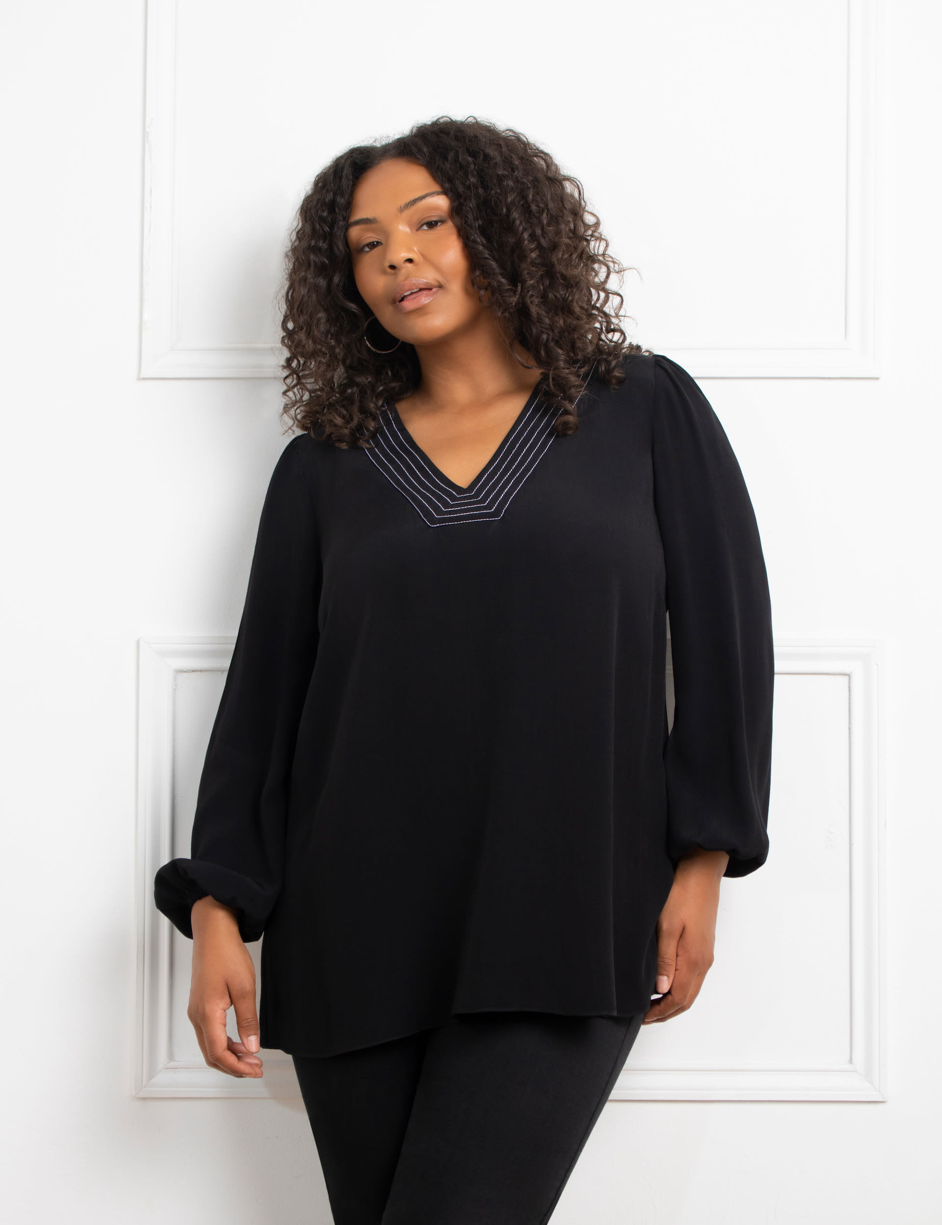 Live Unlimited London Women's V-Neck Stitch Detail Blouse - 14 - Black, Black