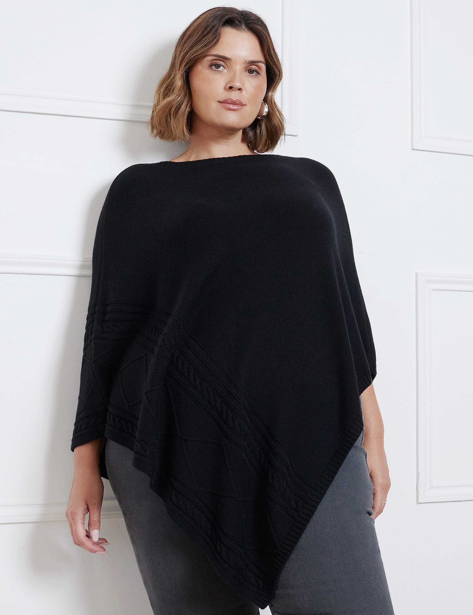 Live Unlimited London Women's Cable Knit Poncho with Cashmere - 22-24 - Black, Black