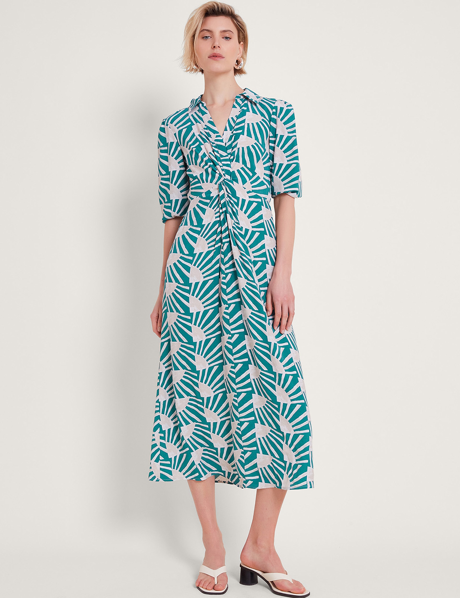 Monsoon Women's Printed Collared Midi Tea Dress - 8 - Teal Mix, Teal Mix