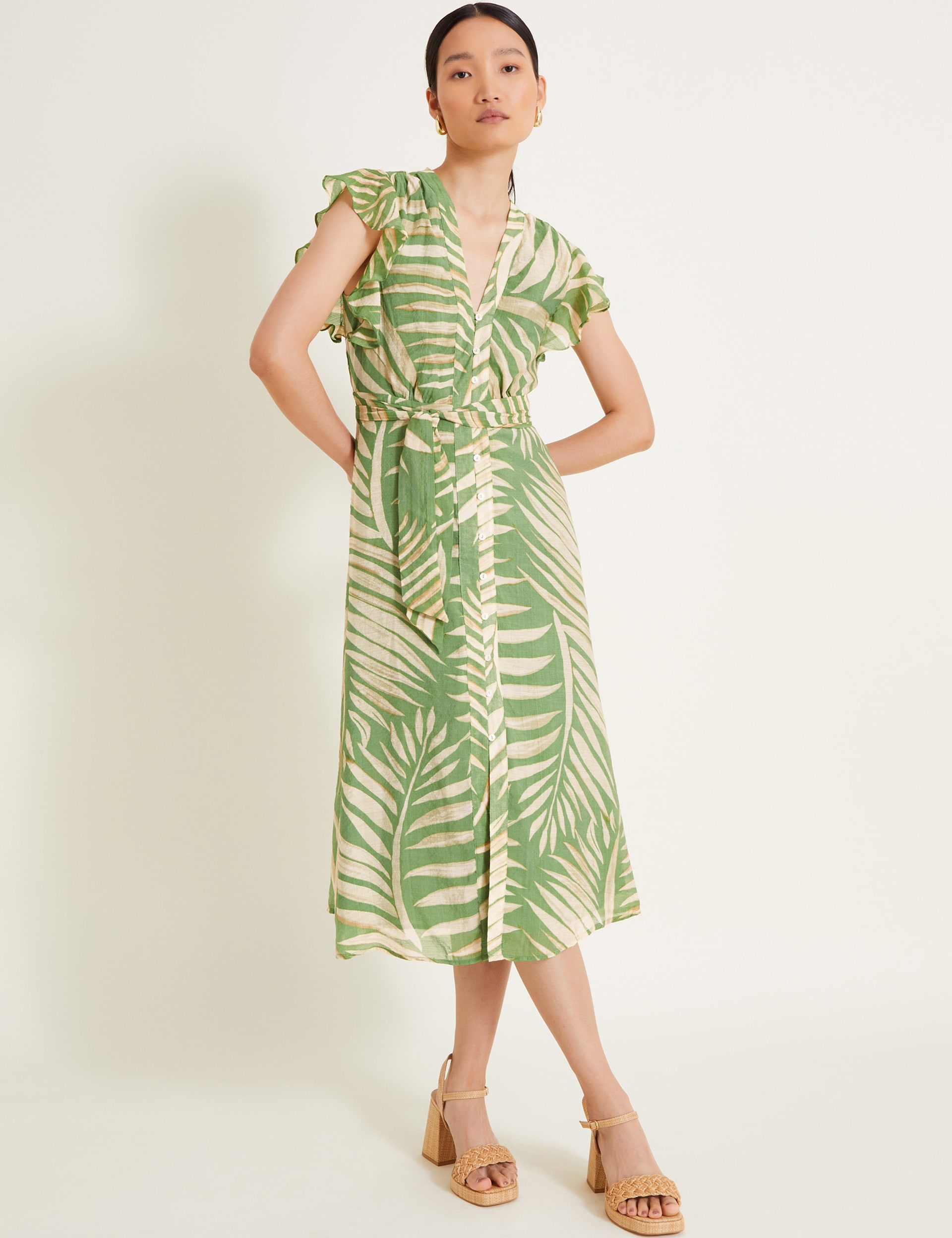 Monsoon Women's Printed V-Neck Belted Midi Tea Dress - 18 - Green Mix, Green Mix