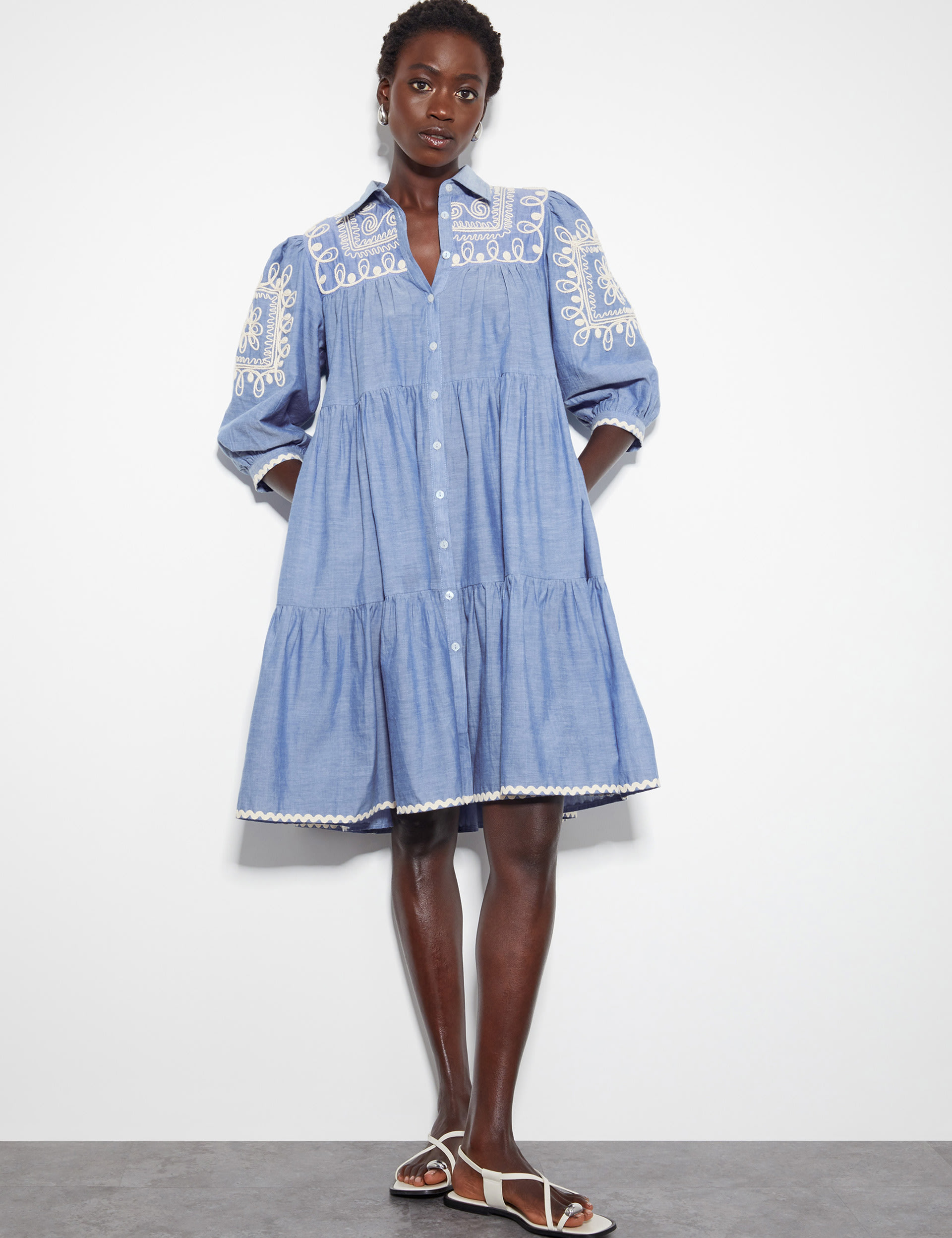 Monsoon Women's Pure Cotton Embroidered Shirt Dress - Blue Mix, Blue Mix