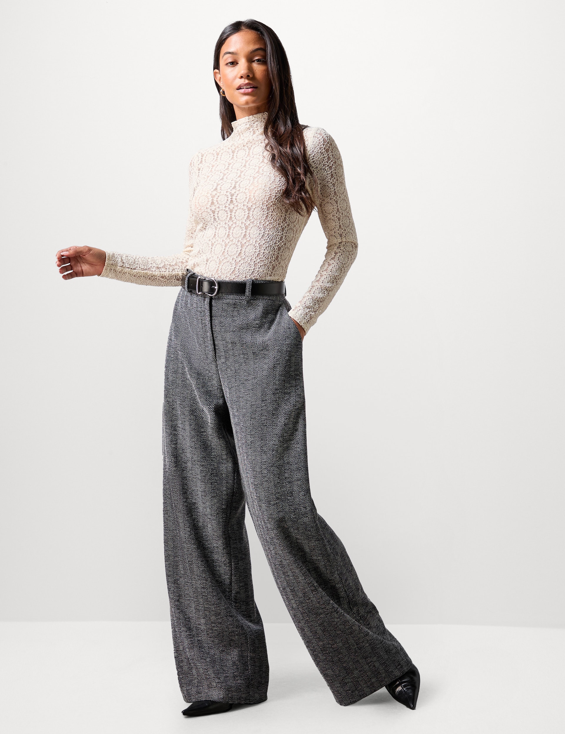 Ro&Zo Women's Herringbone Pleated Wide Leg Trousers - 8PET - Grey Mix, Grey Mix