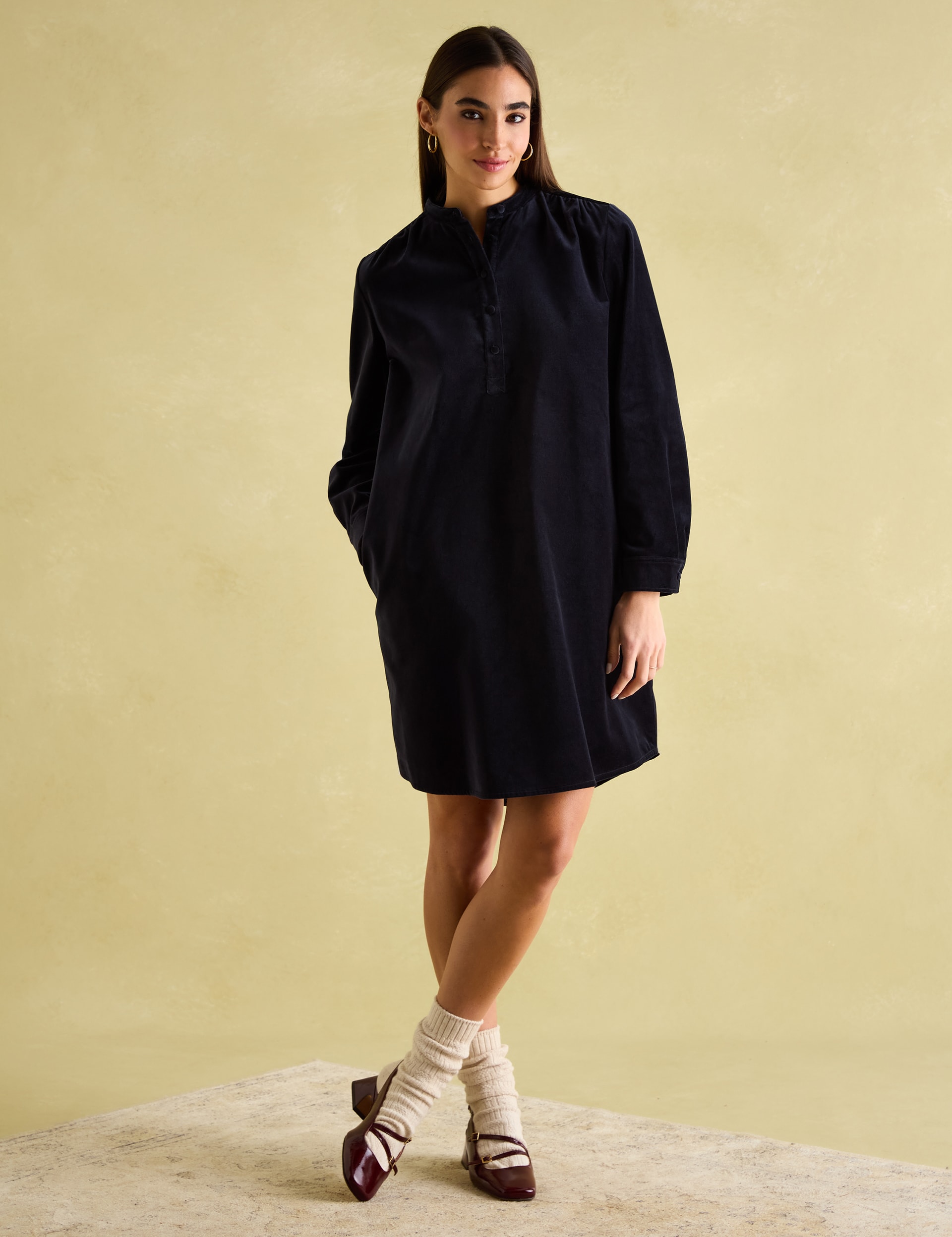 Joules Women's Velvet Collared Knee Length Shirt Dress - 10 - Navy, Navy,Burgundy