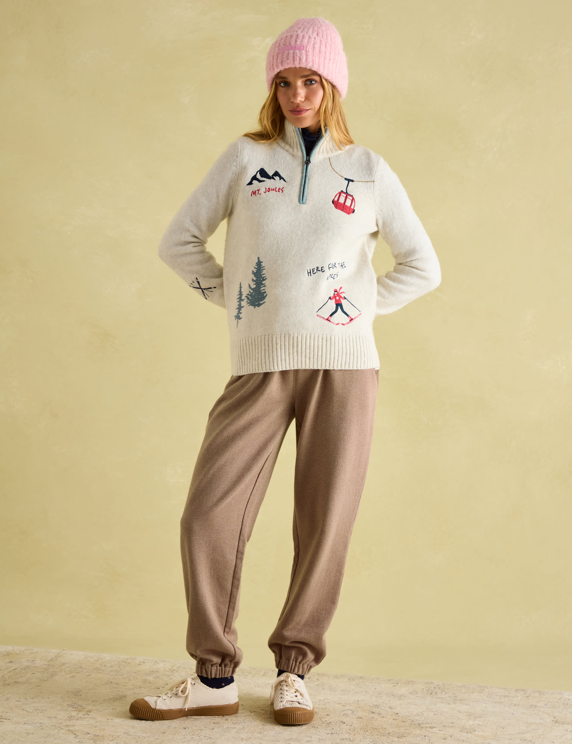 Joules Women's Embroidered Funnel Neck Jumper with Wool - 12 - Cream Mix, Cream Mix