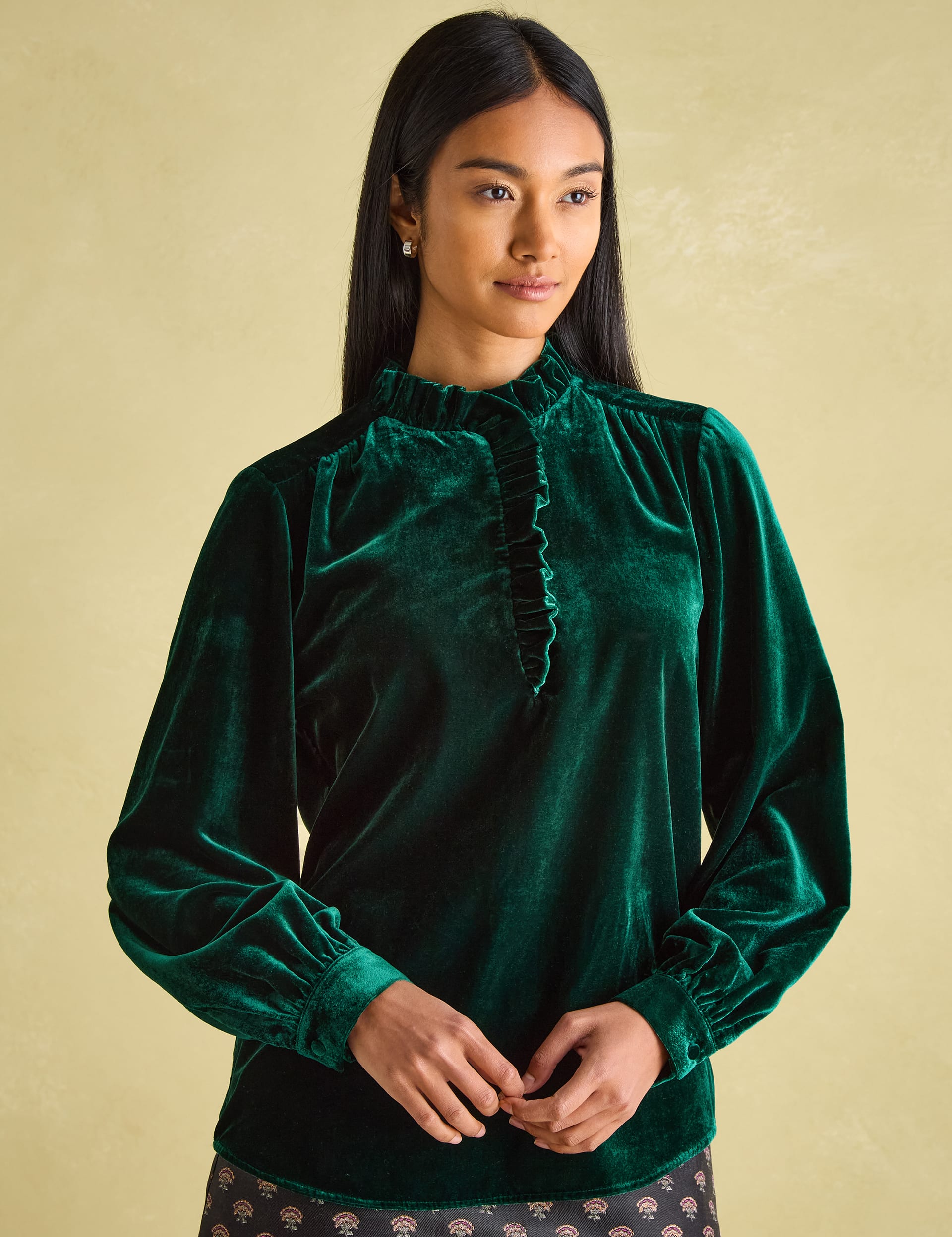 Joules Women's Velvet Ruffle Neck Shirt - 10 - Dark Green, Dark Green