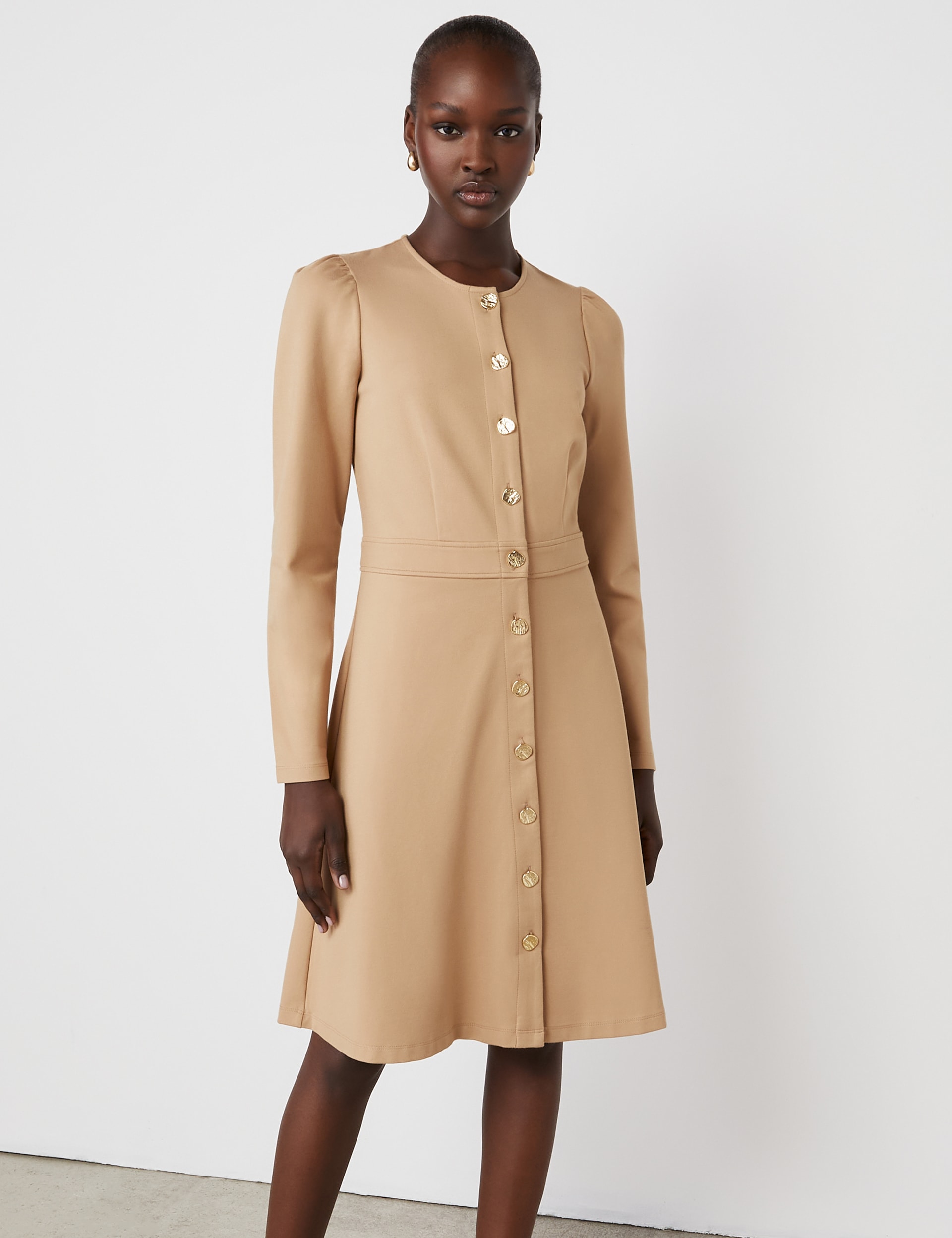 Finery London Women's Ponte Jersey Button Through Waisted Dress - 16 - Brown, Brown,Navy