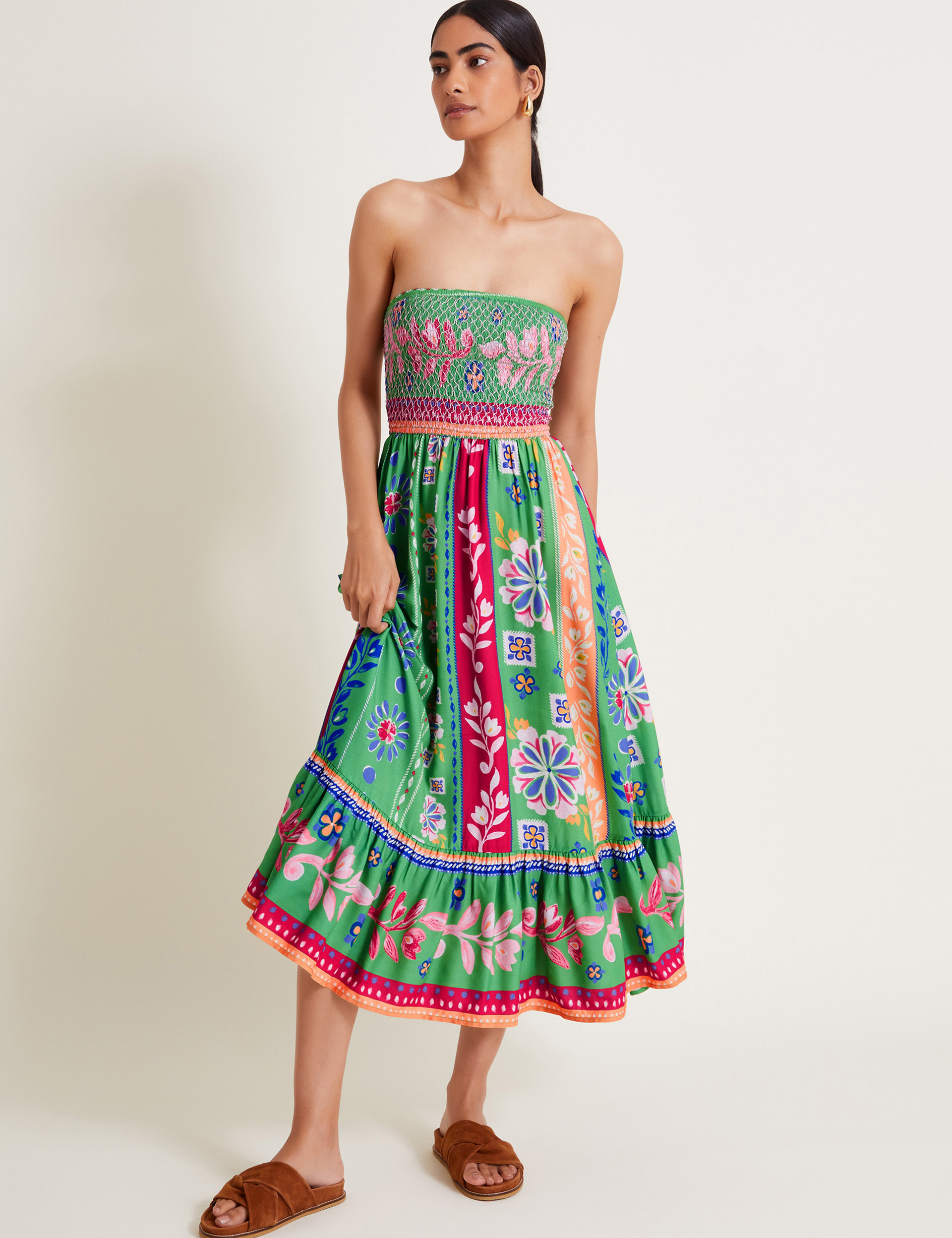 Monsoon Women's Printed Bandeau Midi Shirred Dress - XL - Green Mix, Green Mix