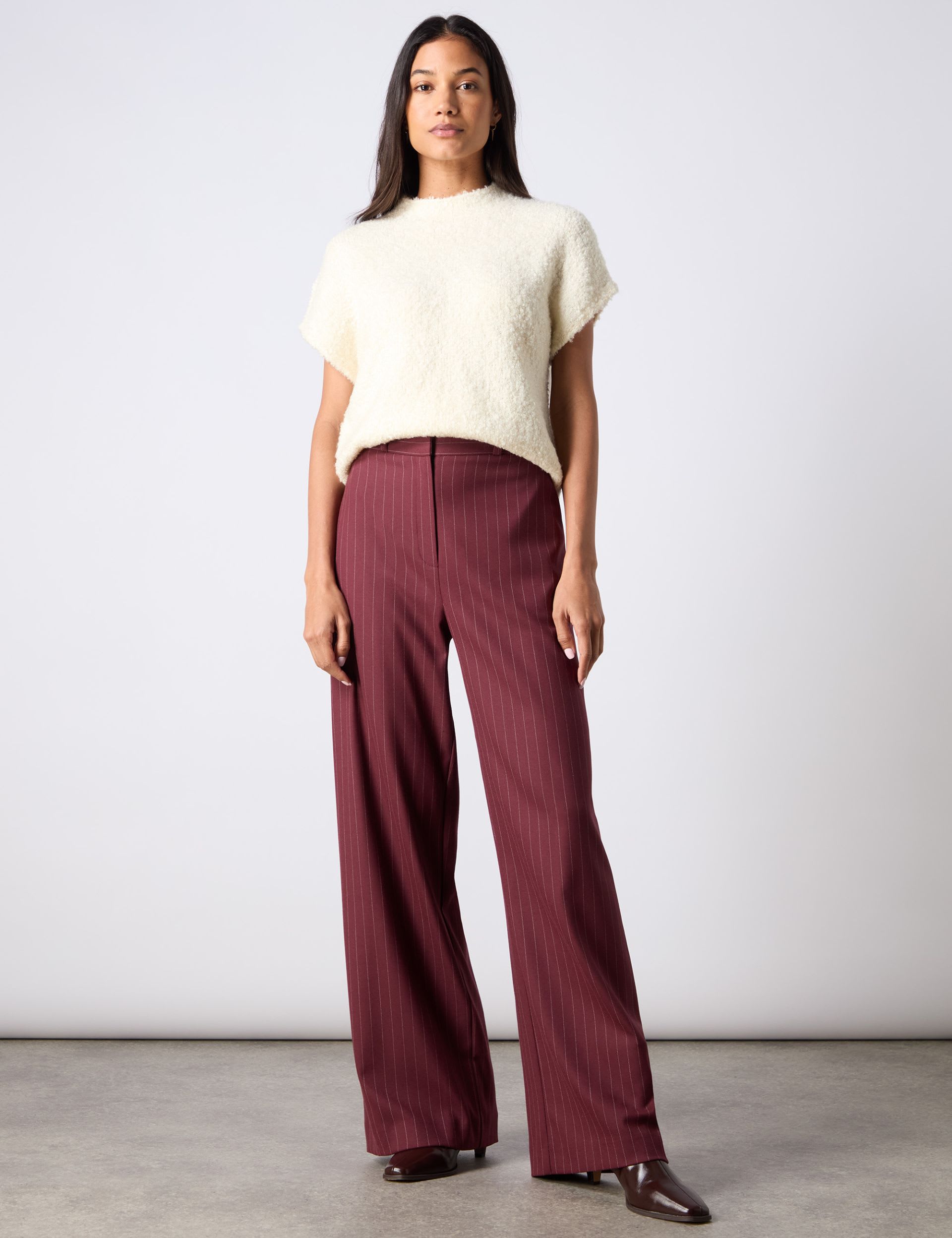 Ro&Zo Women's Pinstripe Wide Leg Trousers - 10REG - Burgundy, Burgundy