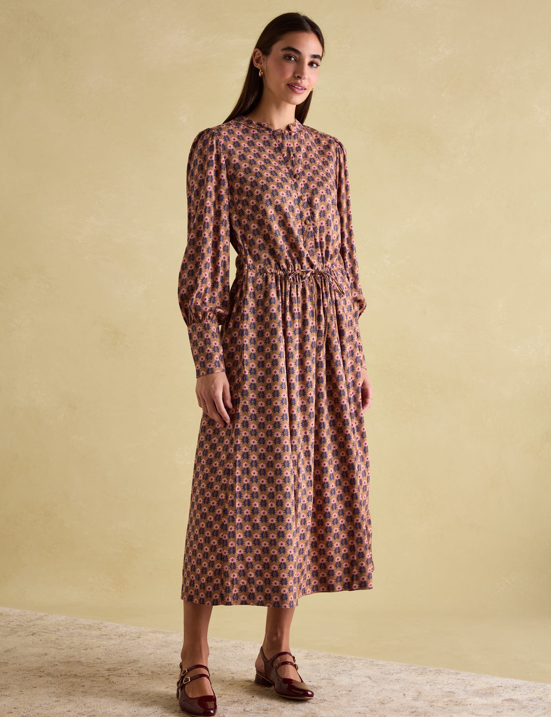 Joules Women's Floral Midi Waisted Dress - 18 - Brown Mix, Brown Mix