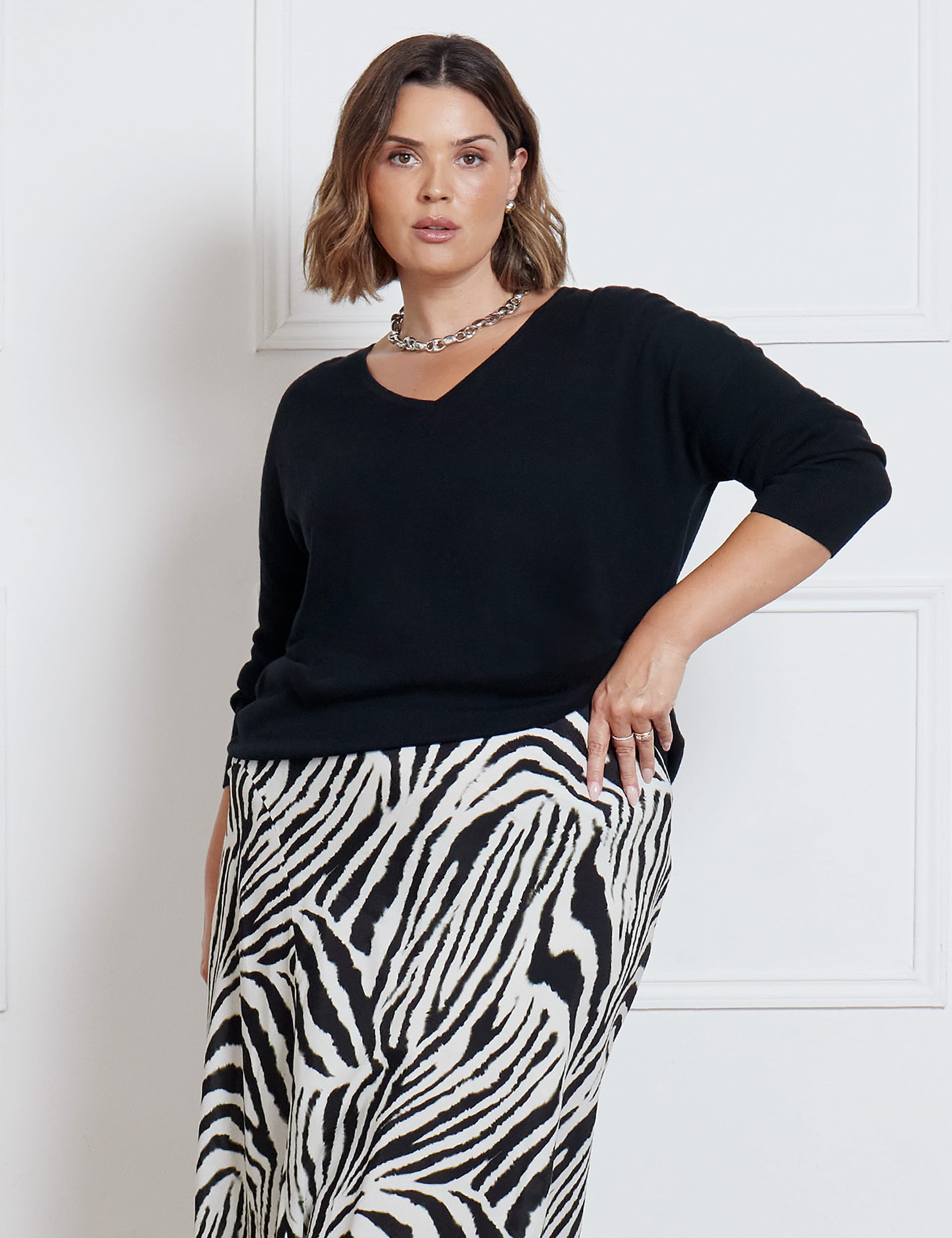 Live Unlimited London Women's Animal Print Midi Asymmetric Skirt - 24 - Black Mix, Black Mix