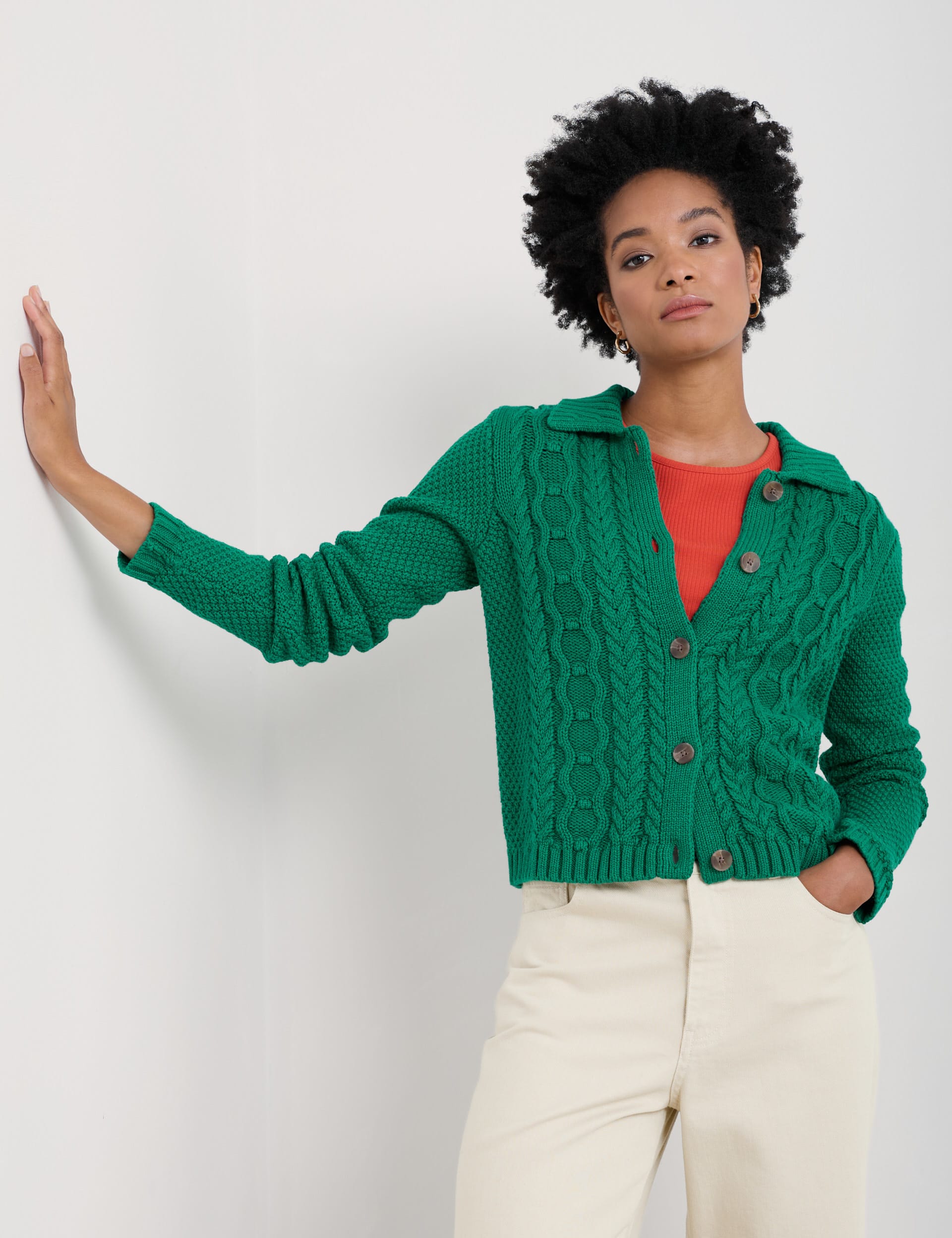 Seasalt Cornwall Women's Pure Cotton Knitted Collared Button Front Cardigan - 14 - Green, Green,Natu