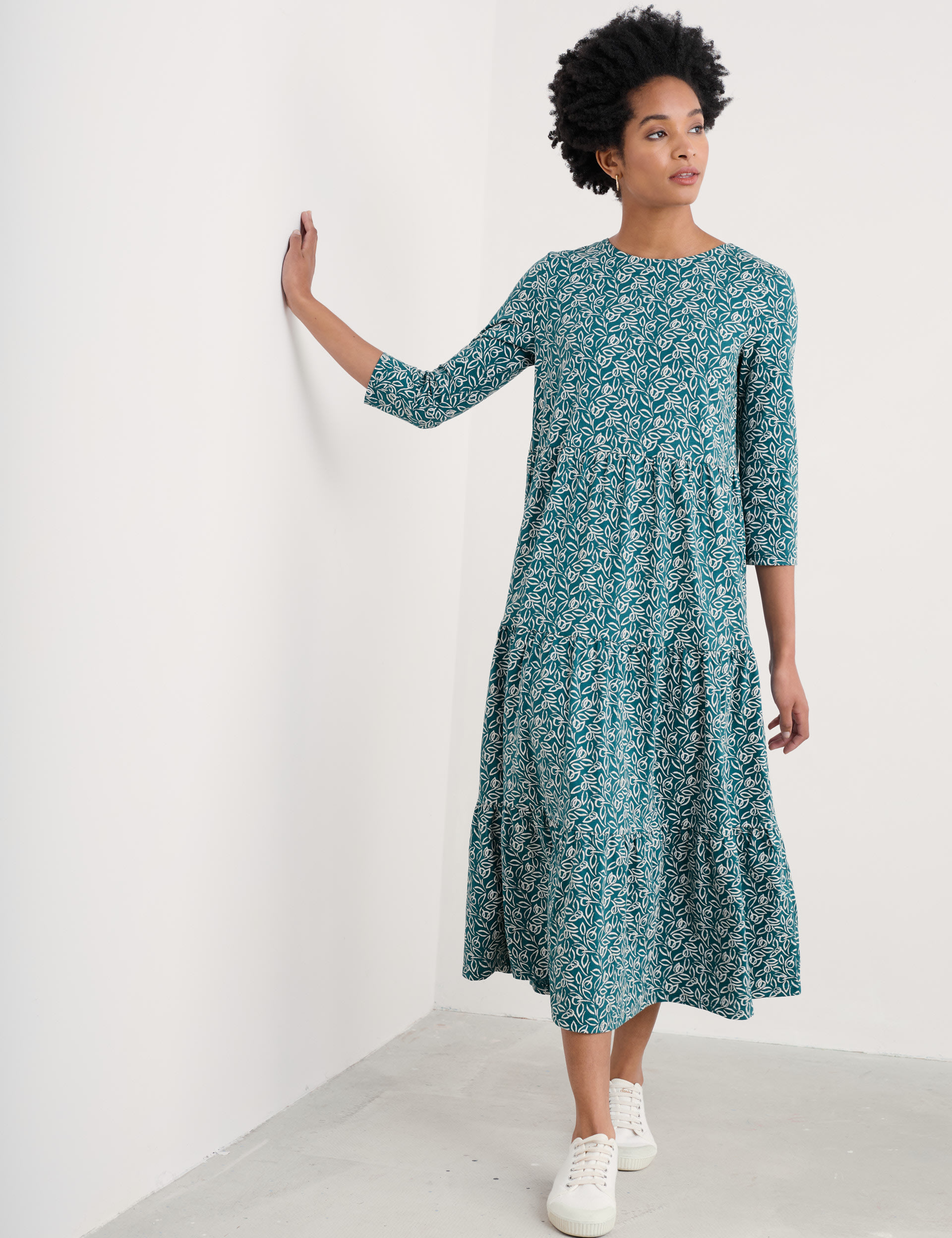 Seasalt Cornwall Women's Pure Cotton Floral Midaxi Tiered Dress - 14REG - Teal Mix, Teal Mix