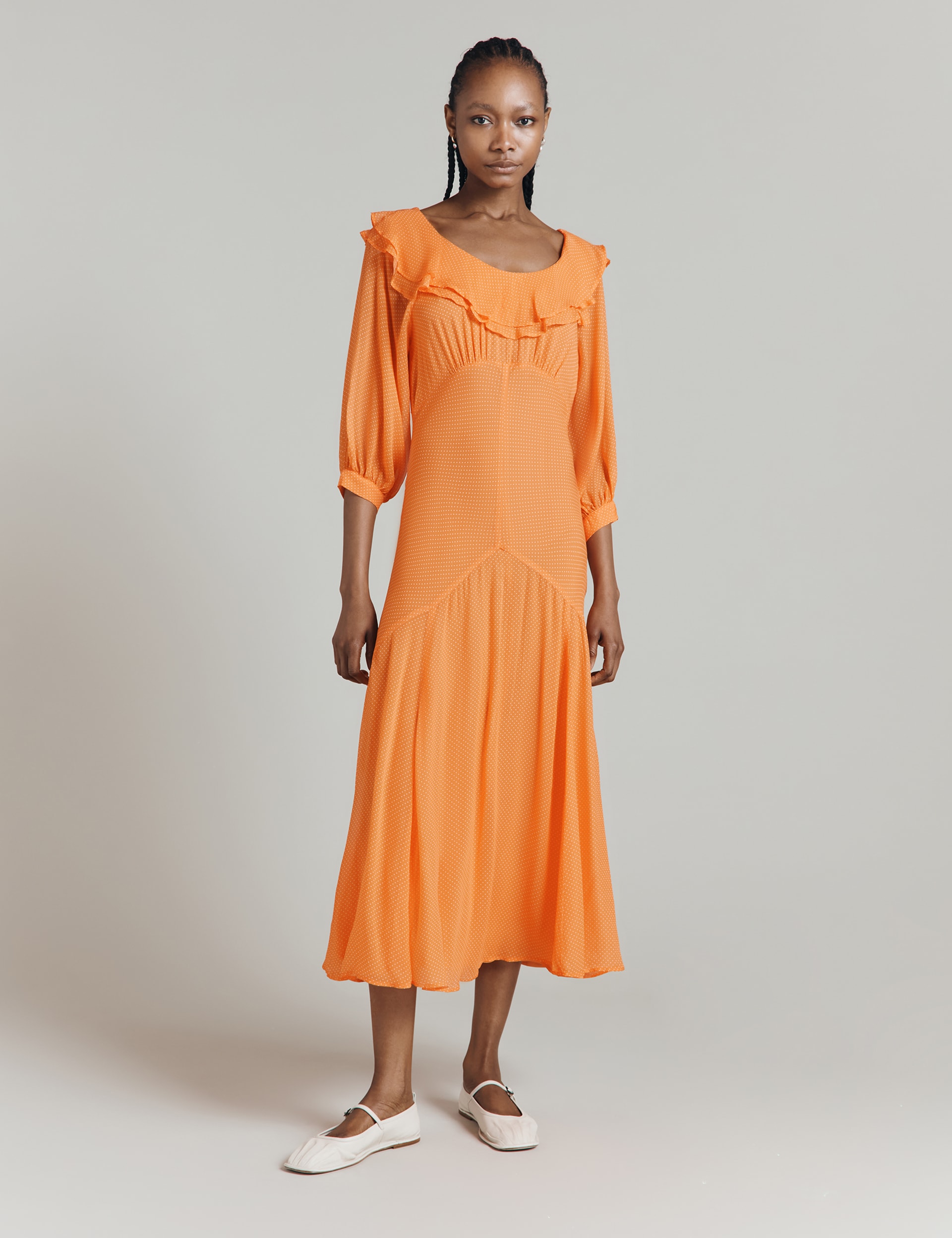 Ghost Women's Sheer Spot Print Ruffle Midi Smock Dress - Orange Mix, Orange Mix