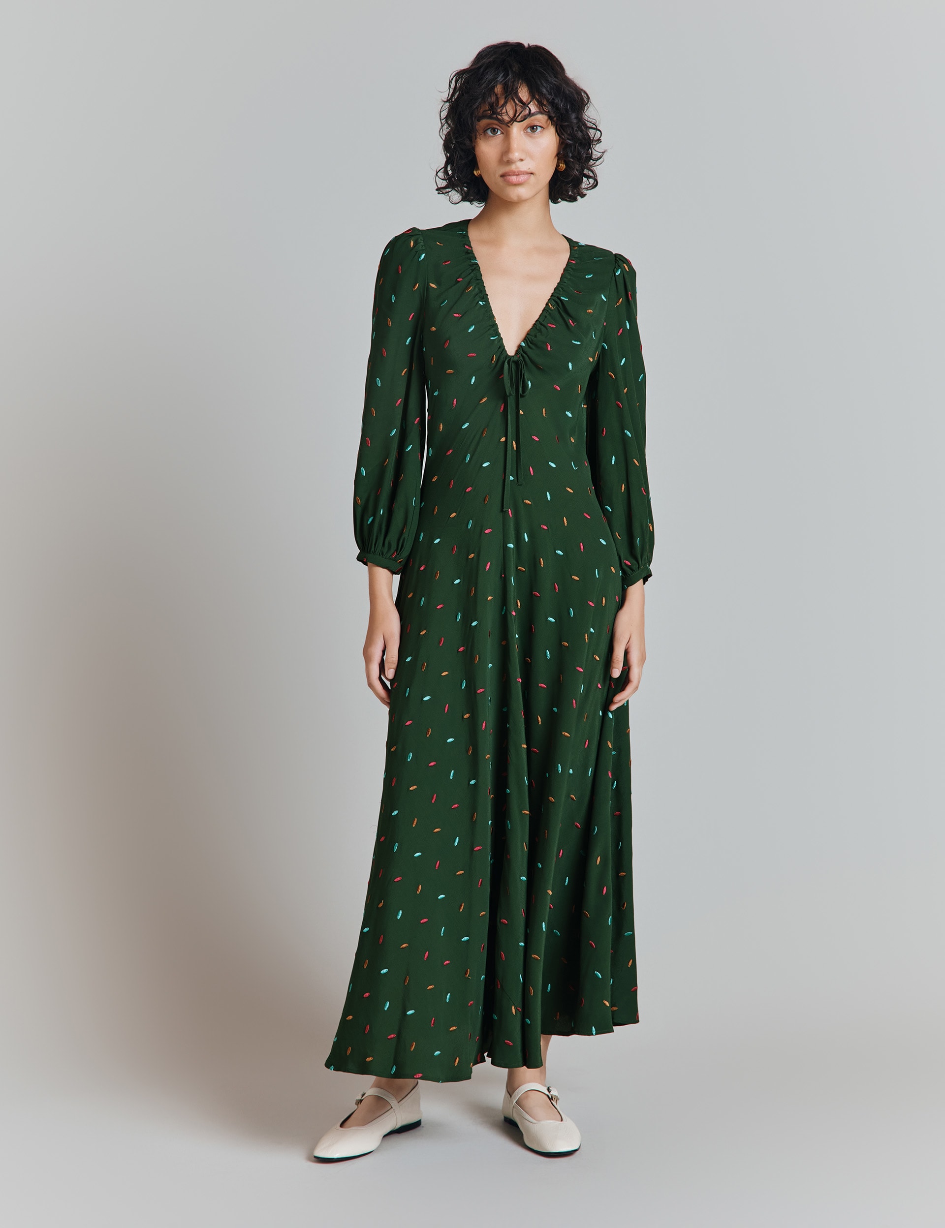 Ghost Women's Crepe Embroidered Midaxi Bias Cut Dress - XS - Dark Green, Dark Green