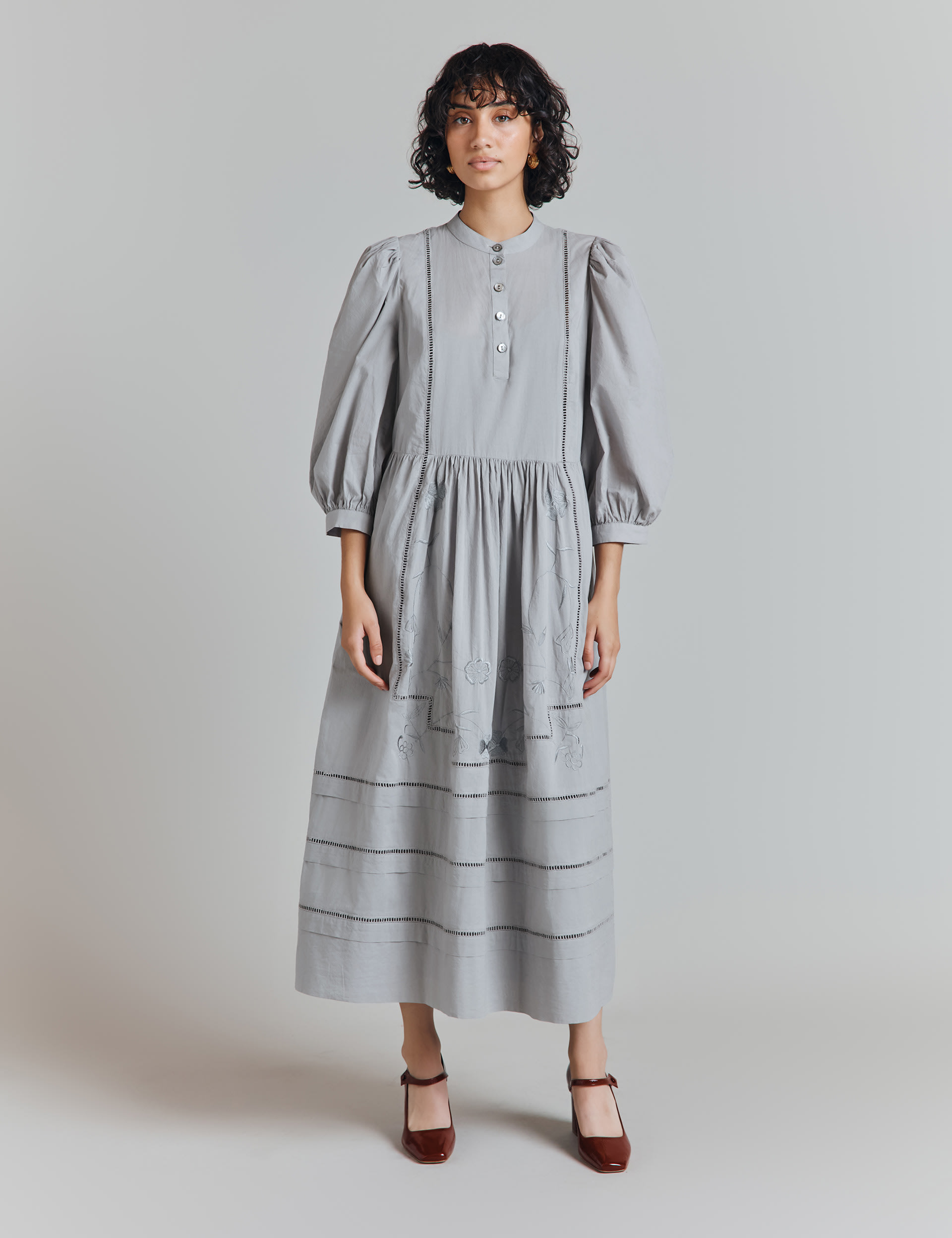 Ghost Women's Pure Cotton Embroidered Midaxi Tea Dress - Grey, Grey