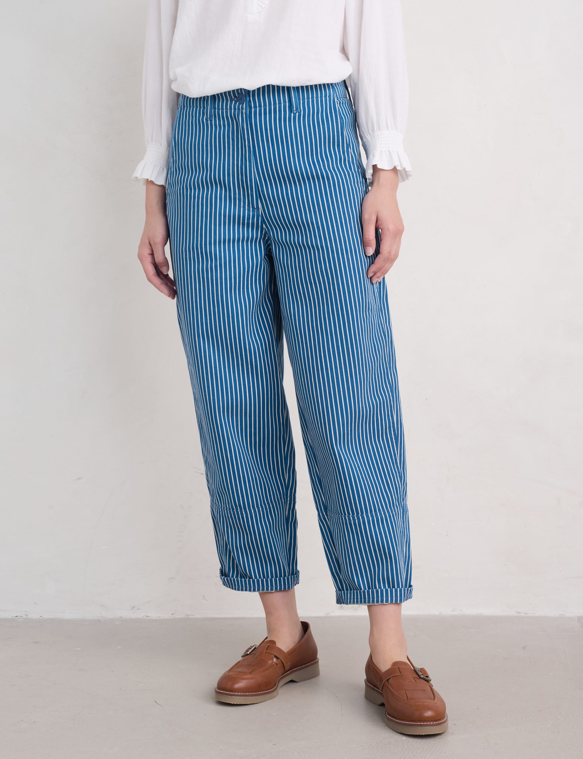 Seasalt Cornwall Women's Pure Cotton Striped Tapered Ankle Grazer Trousers - 12 - Blue Mix, Blue Mix