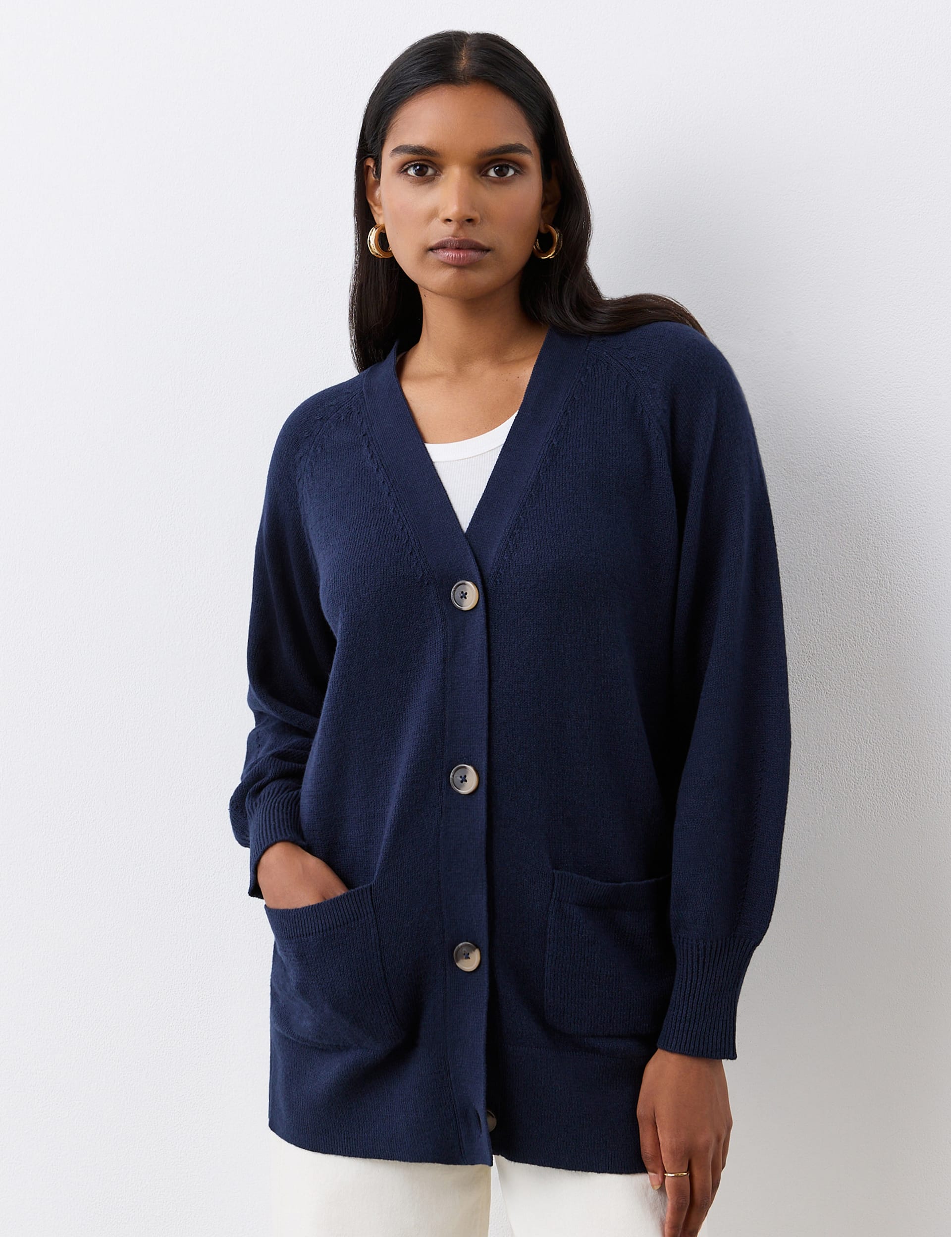 Finery London Women's Cotton Rich V-Neck Button Front Cardigan - 14 - Navy, Grey,Green,Navy