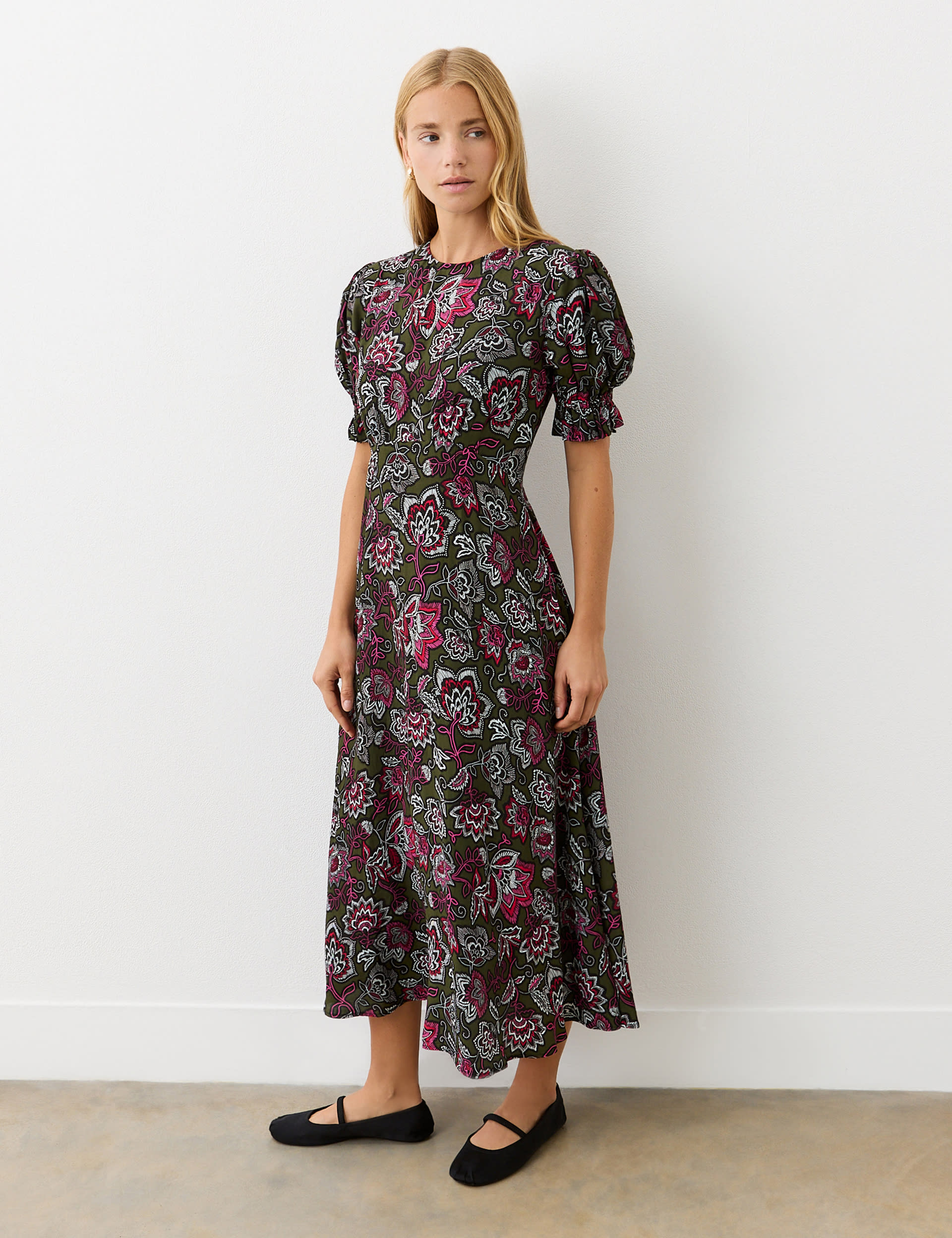 Finery London Women's Crepe Floral Midi Waisted Dress - 10 - Green Mix, Green Mix