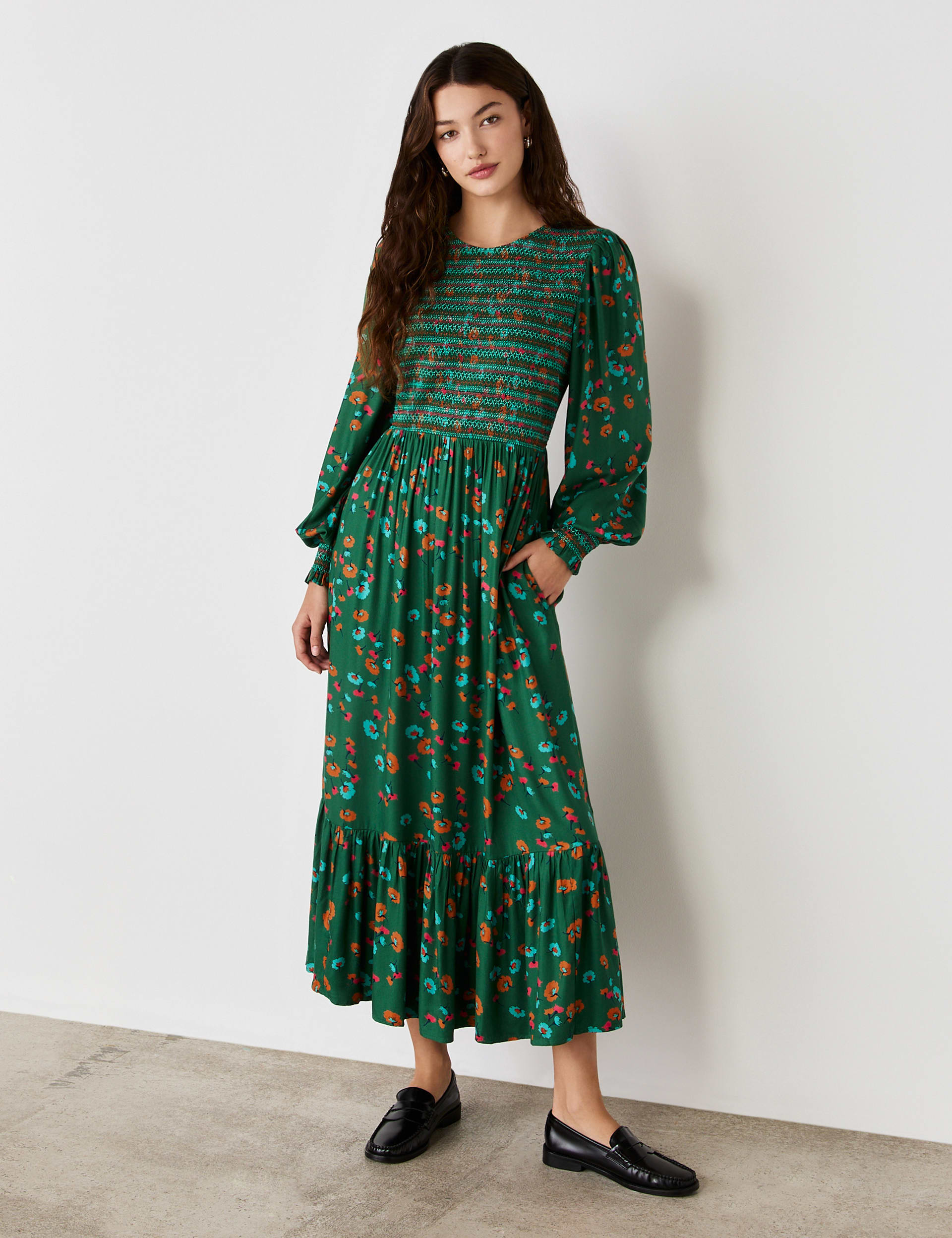 Finery London Women's Floral Shired Midi Smock Dress - 14 - Green Mix, Green Mix