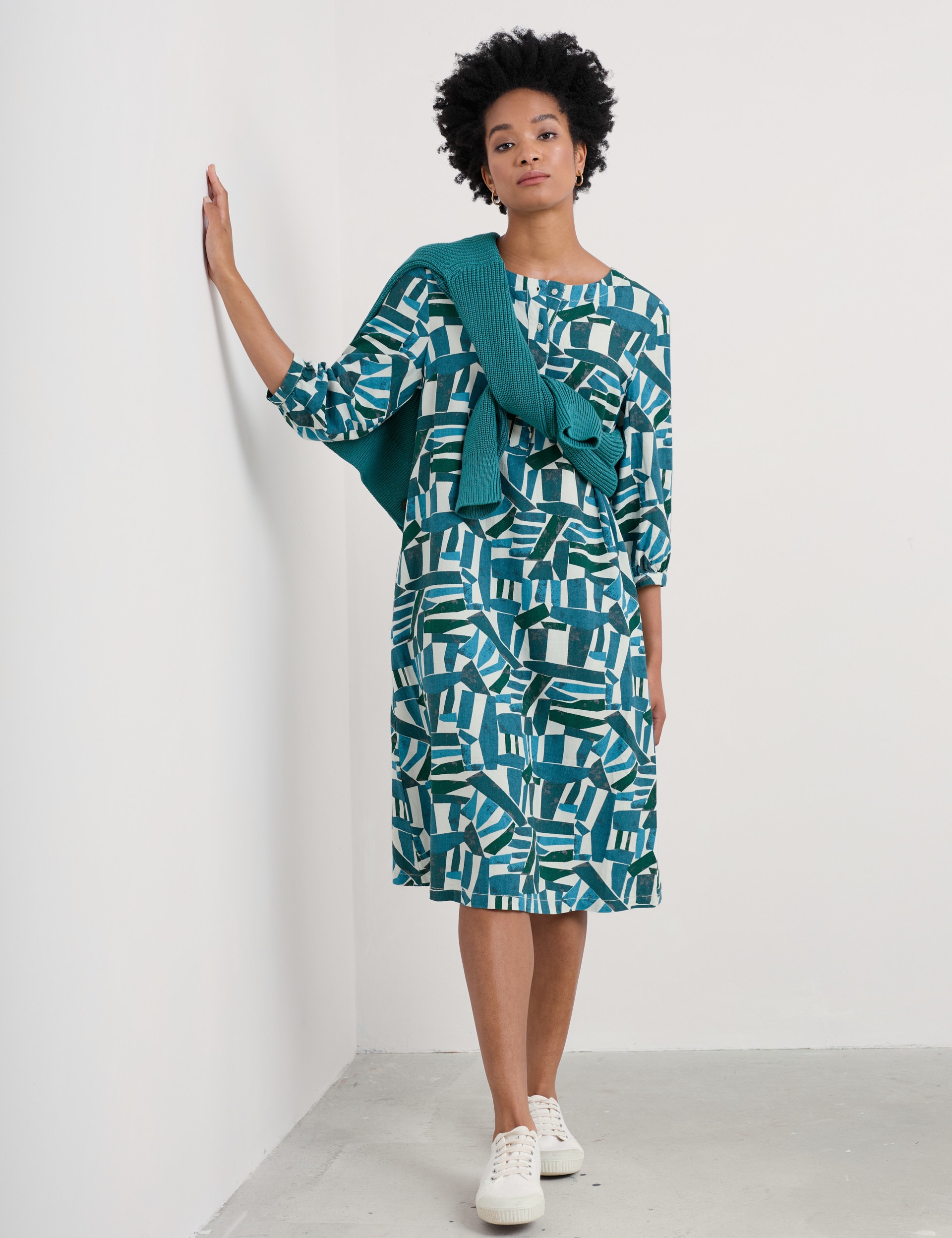 Seasalt Cornwall Women's Linen Rich Geometric Midi Shift Dress - 14 - Teal Mix, Teal Mix