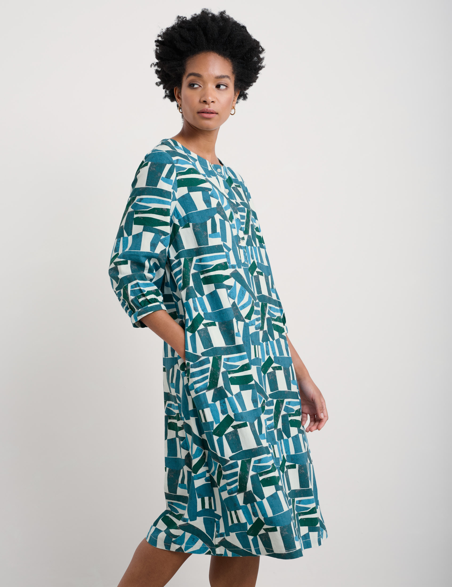 Seasalt Cornwall Women's Linen Rich Geometric Midi Shift Dress - 14 - Teal Mix, Teal Mix