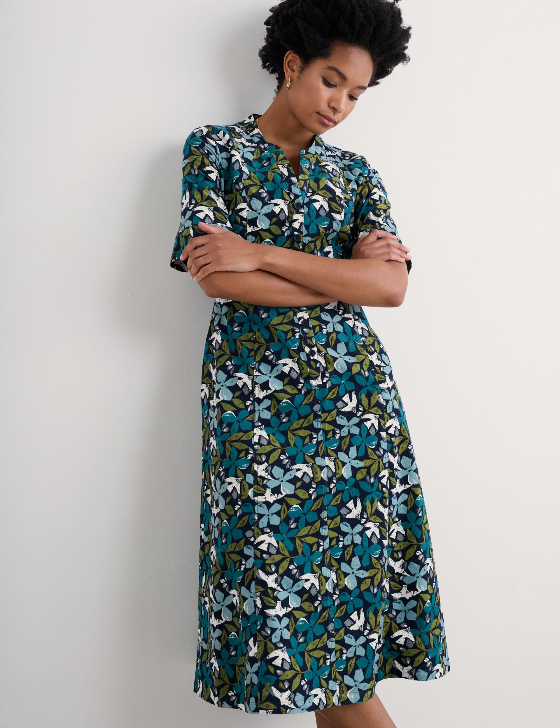 Seasalt Cornwall Women's Pure Cotton Floral Notch Neck Midi Dress - 16REG - Teal Mix, Teal Mix