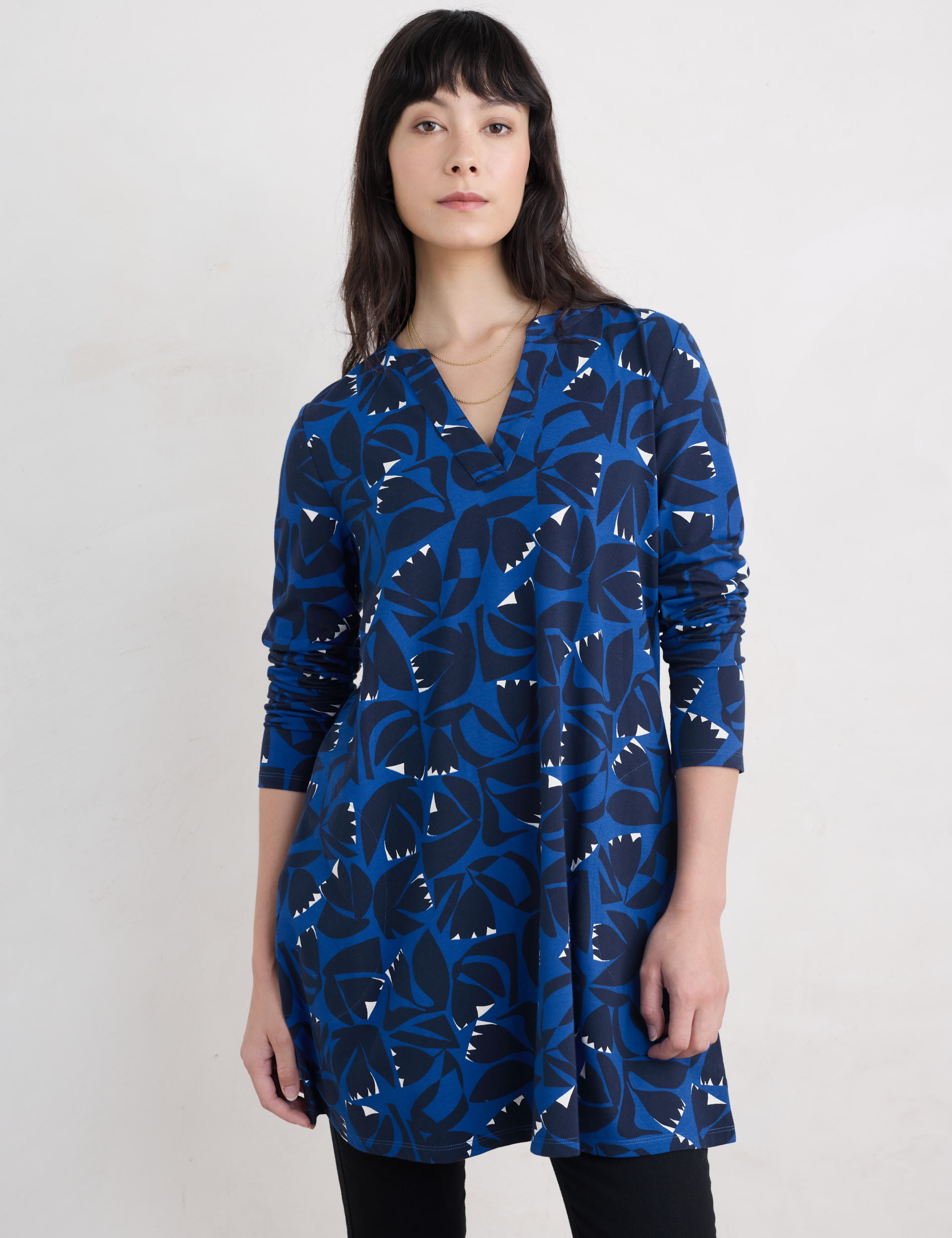 Seasalt Cornwall Women's Cotton Rich Floral Notch Neck Relaxed Tunic - 14 - Blue Mix, Blue Mix