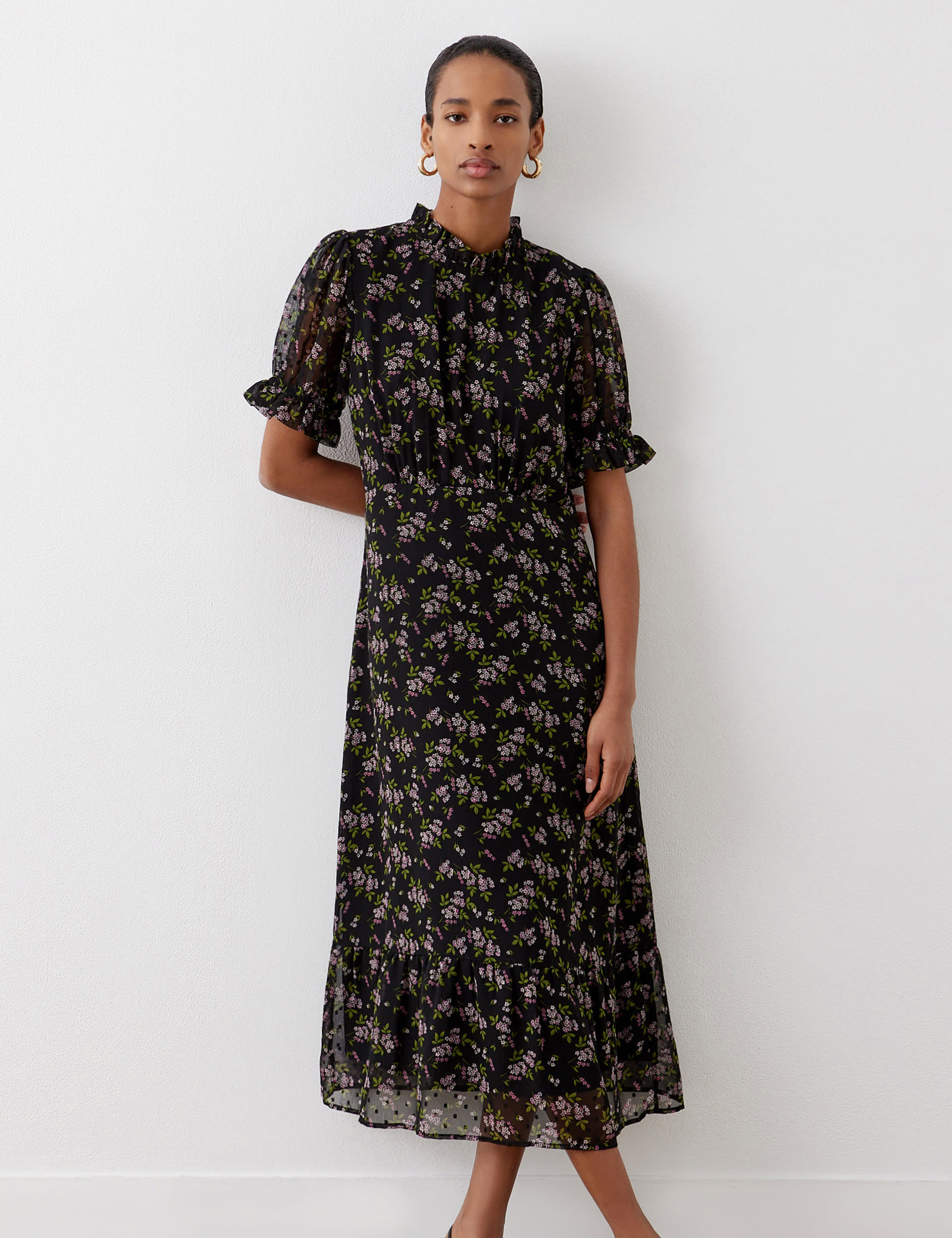 Finery London Women's Floral Crew Neck Midi Tea Dress - 16 - Black Mix, Black Mix