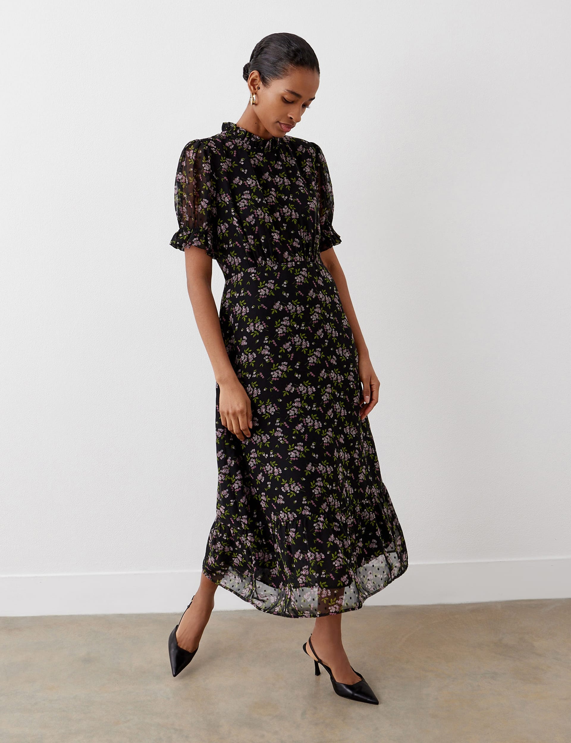 Finery London Women's Floral Crew Neck Midi Tea Dress - 16 - Black Mix, Black Mix