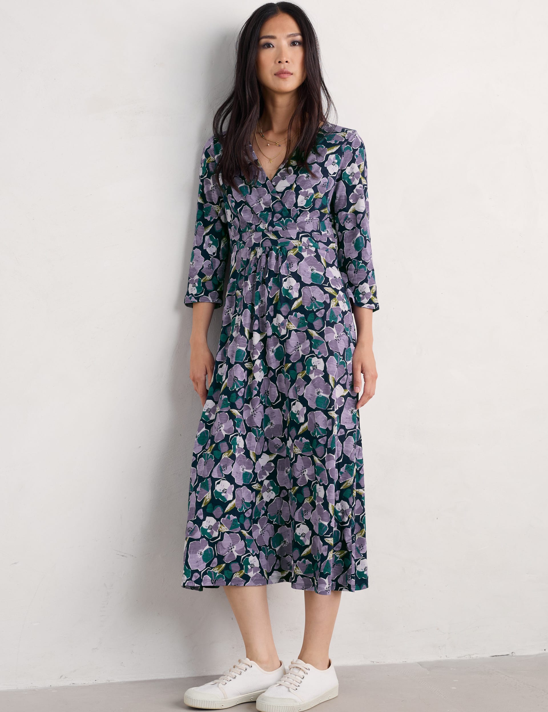 Seasalt Cornwall Women's Pure Cotton Floral V-Neck Midi Wrap Dress - 14REG - Purple Mix, Purple Mix