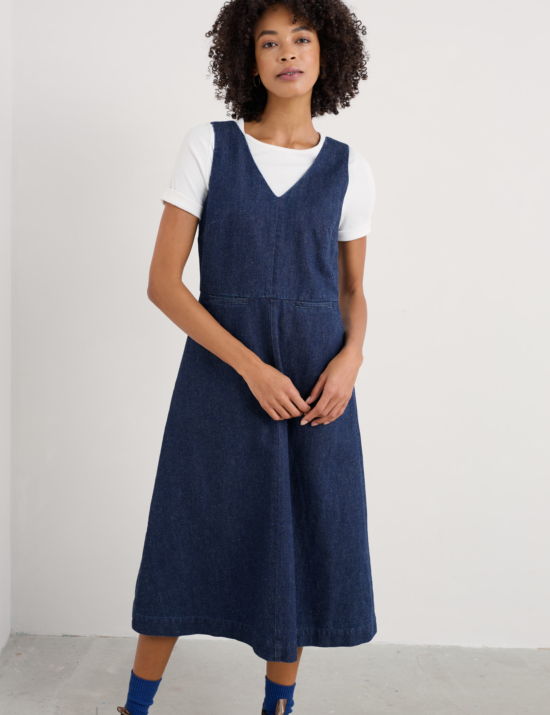 Seasalt Cornwall Women's Denim V-Neck Midi Shift Dress - 12PET - Blue, Blue