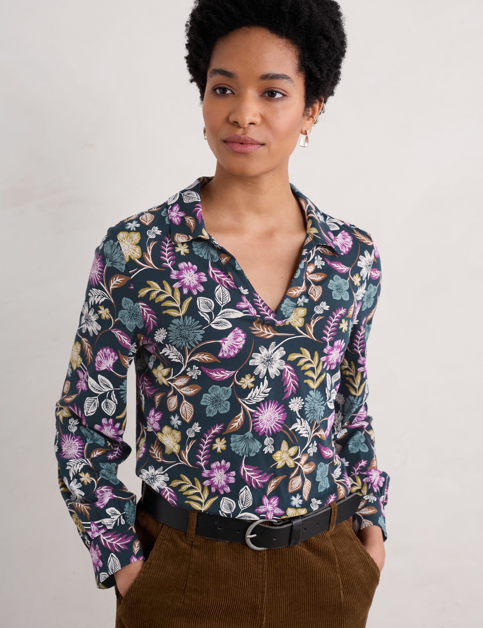 Seasalt Cornwall Women's Cotton Rich Floral V-Neck Shirt - 8 - Multi, Multi