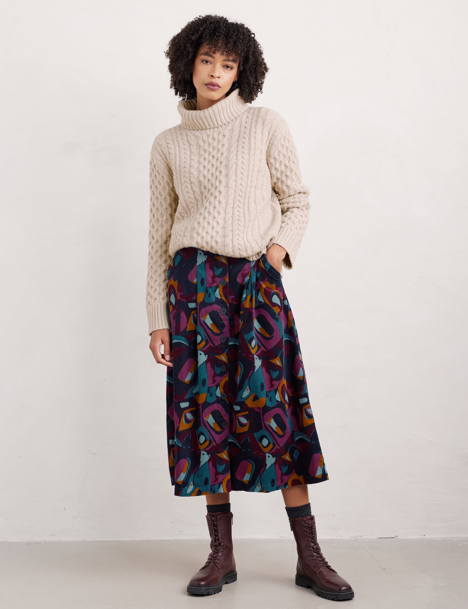 Seasalt Cornwall Women's Pure Cotton Printed Midi A-Line Skirt - 14 - Dark Navy Mix, Dark Navy Mix