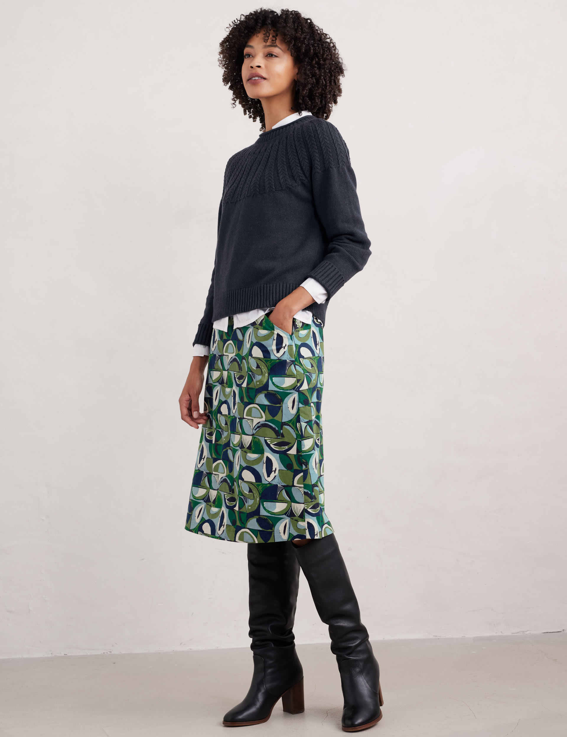 Seasalt Cornwall Women's Pure Cotton Printed Midi A-Line Skirt - 16 - Green Mix, Green Mix