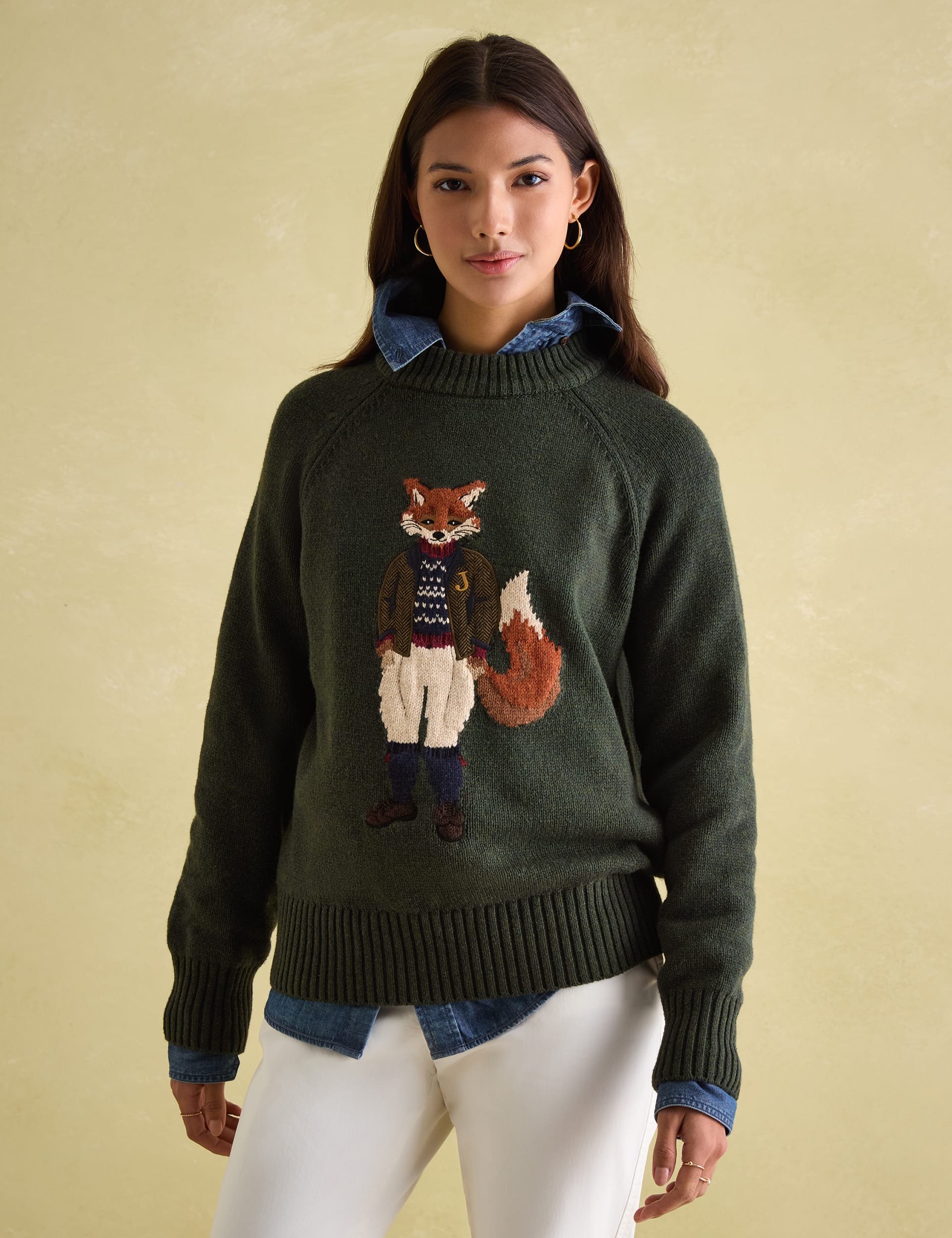 Joules Women Women's Fox Patterned Crew Neck Jumper with Wool - 20 - Dark Green Mix, Dark Green Mix