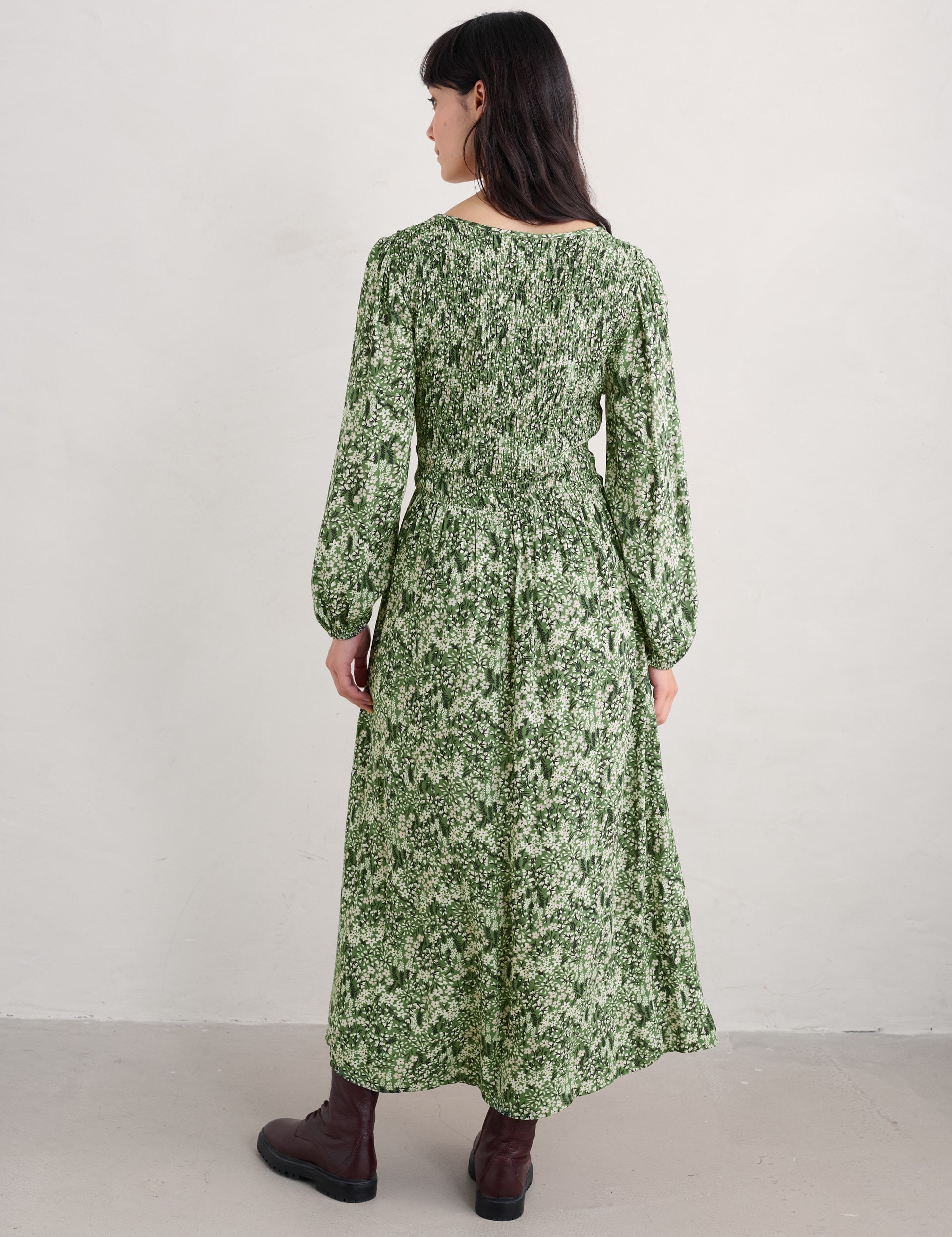 Seasalt Cornwall Women's Floral Round Neck Midaxi Waisted Dress - 20 - Green Mix, Green Mix