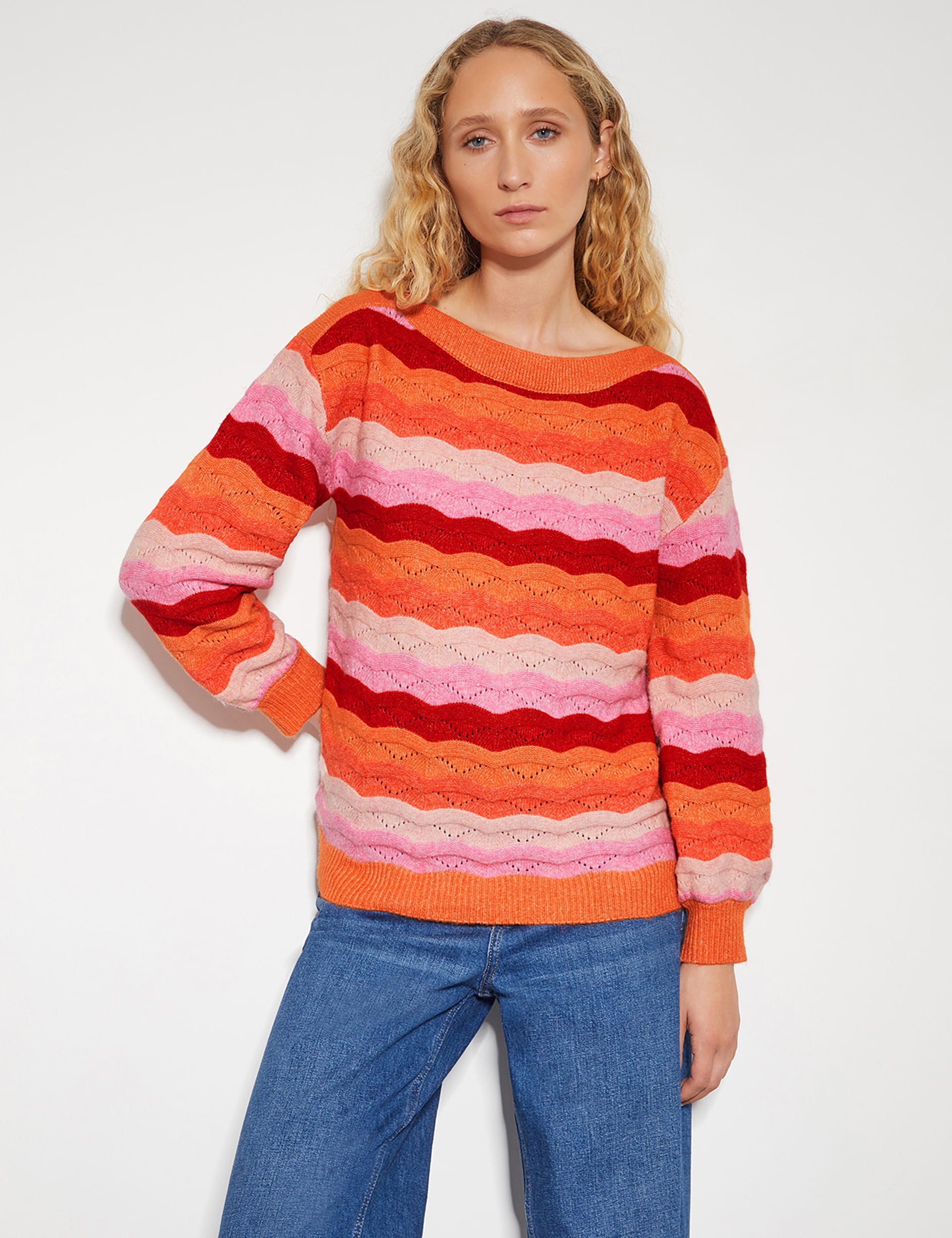 Monsoon Women's Striped Slash Neck Jumper - Pink Mix, Pink Mix