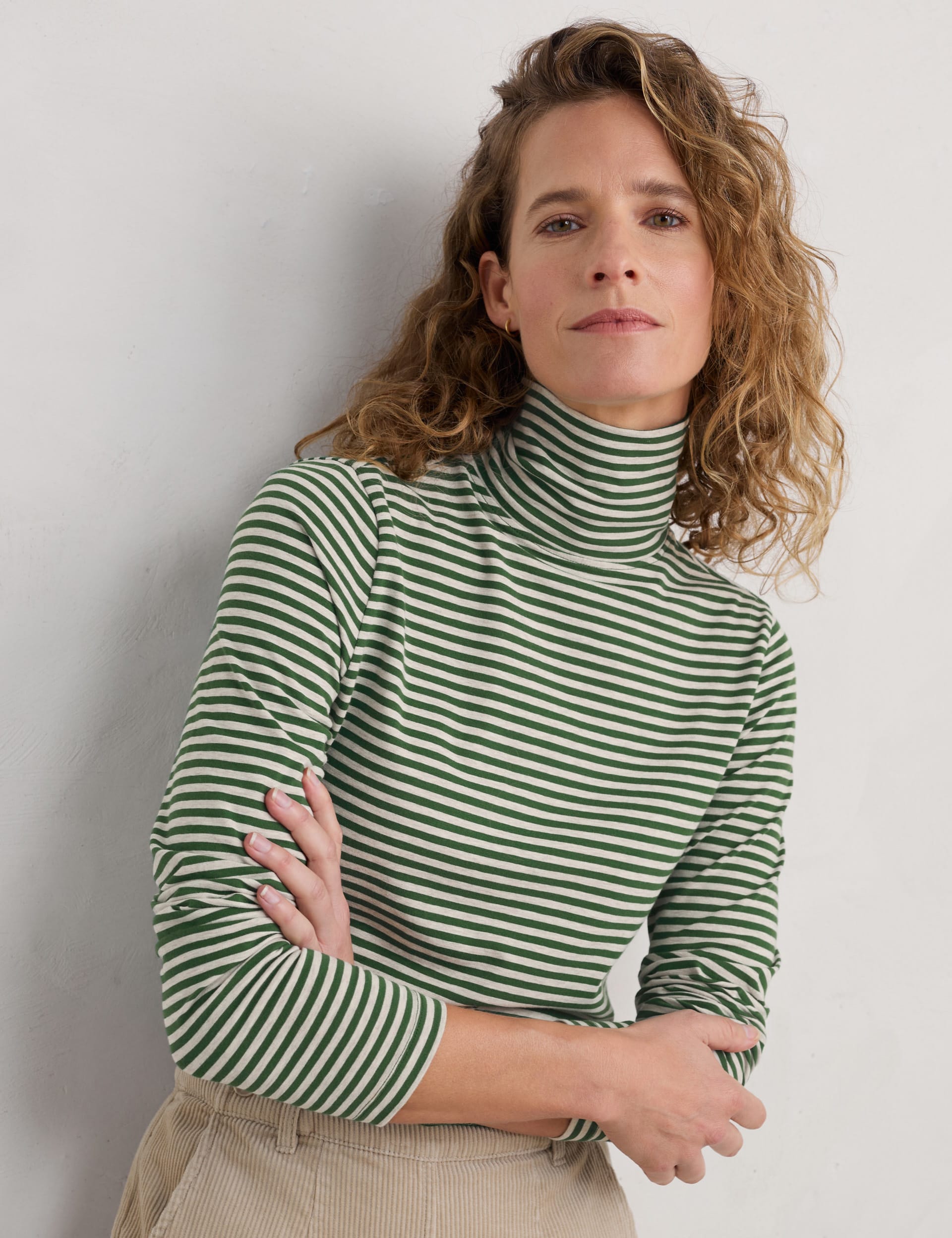 Seasalt Cornwall Women's Cotton Rich Striped Roll Neck Top - 18 - Green Mix, Green Mix